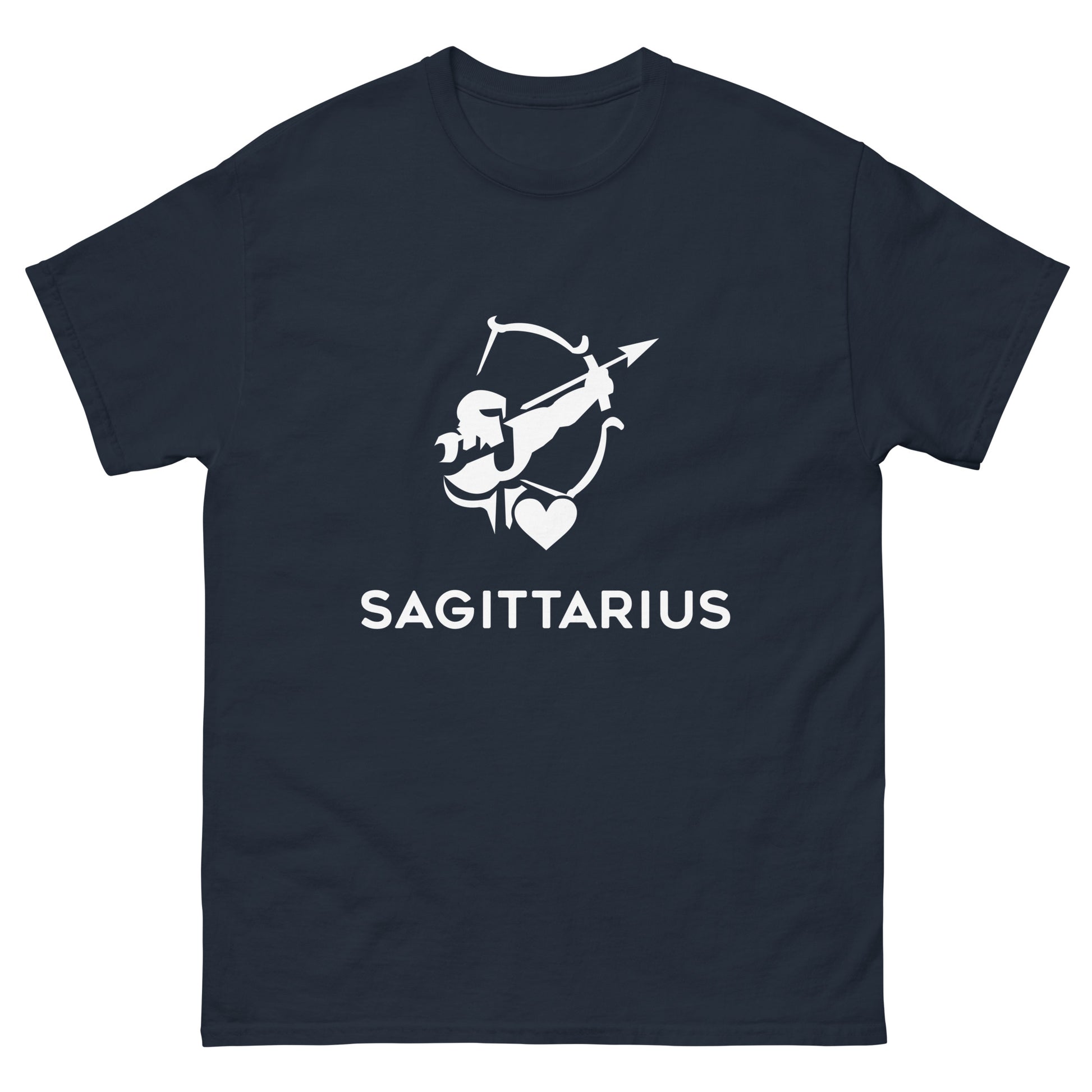 navy Sagittarius Zodiac Sign T-shirt from Yebber, featuring a minimalist archer symbol with a heart – statement clothing for astrology enthusiasts.