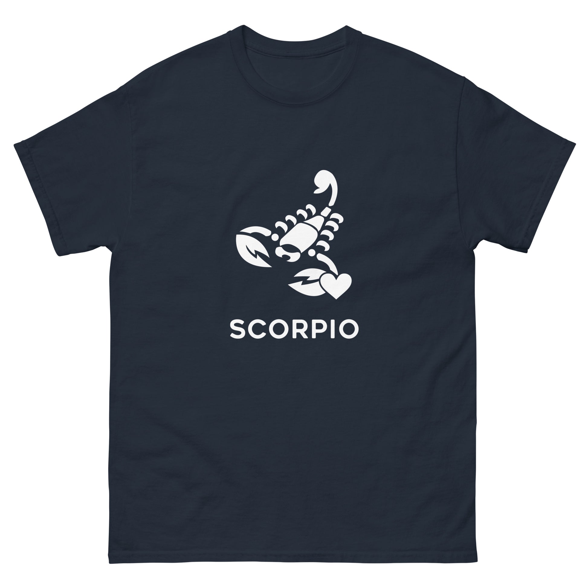 Navy Scorpio Zodiac Sign T-shirt from Yebber, featuring a minimalist scorpion symbol with a heart – statement clothing for astrology enthusiasts.