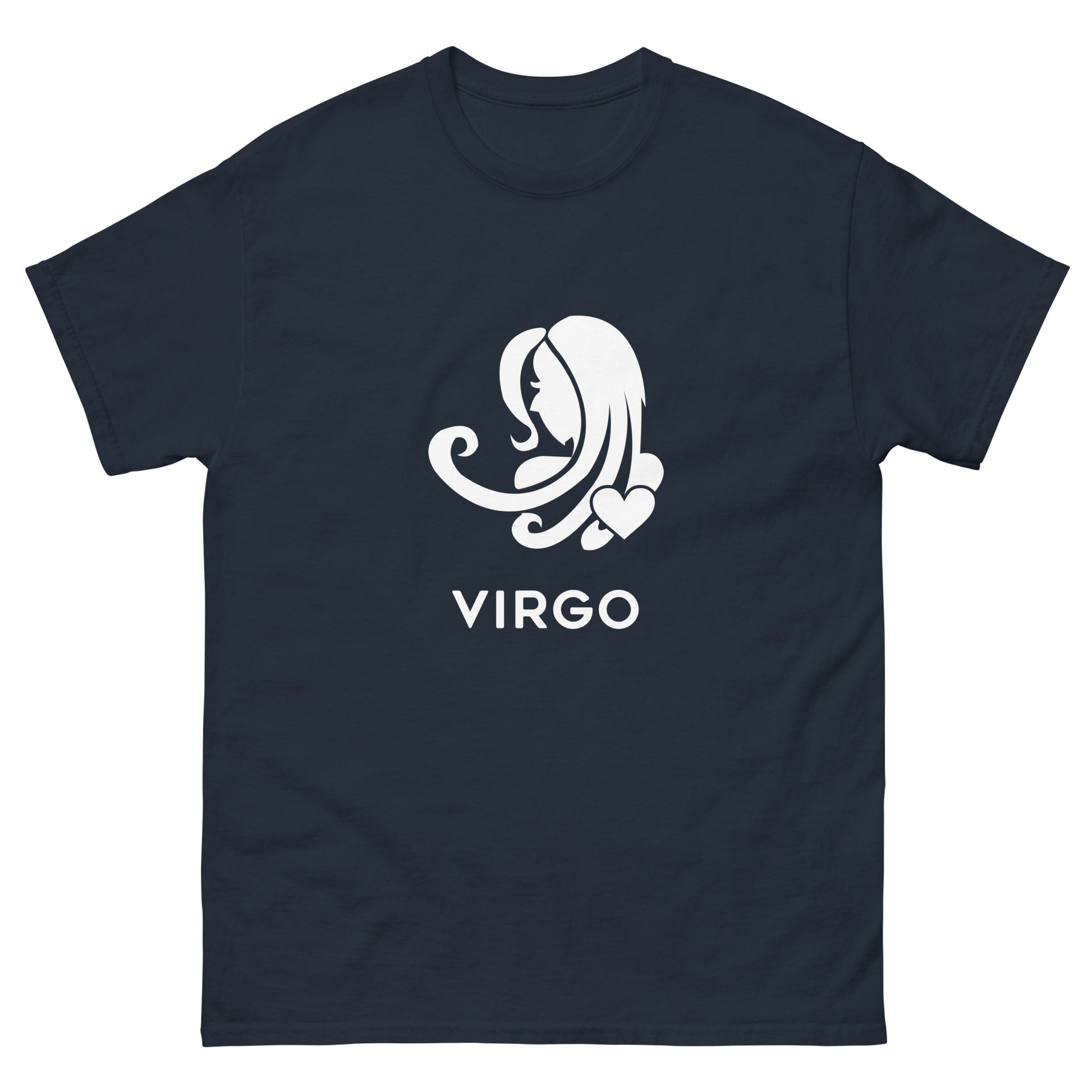 Navy Virgo Zodiac Sign T-shirt from Yebber, featuring a minimalist Virgo symbol with a heart – statement clothing for astrology enthusiasts.