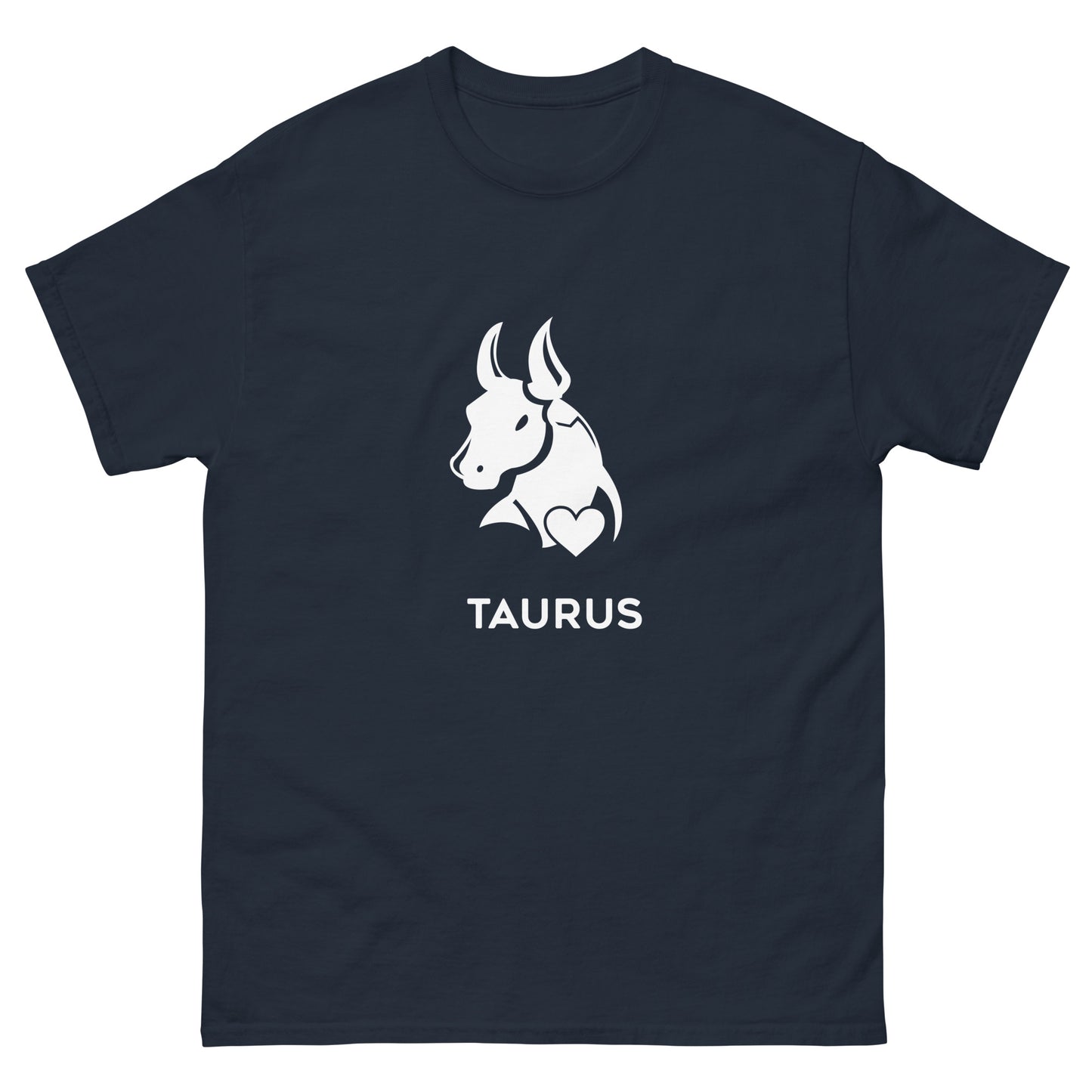 Navy Taurus Zodiac Sign T-shirt from Yebber, featuring a minimalist bull symbol in a heart – statement clothing for astrology enthusiasts.