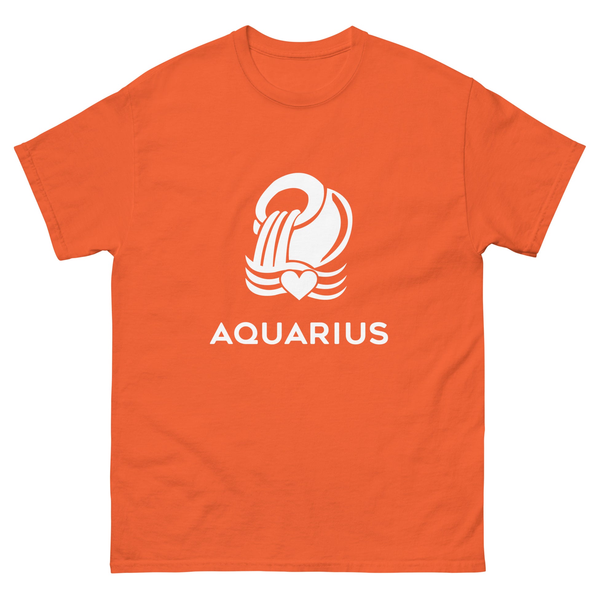 orange Aquarius Zodiac Sign T-shirt from Yebber, featuring a minimalist Aquarius glyph with a heart – perfect statement clothing for astrology lovers.