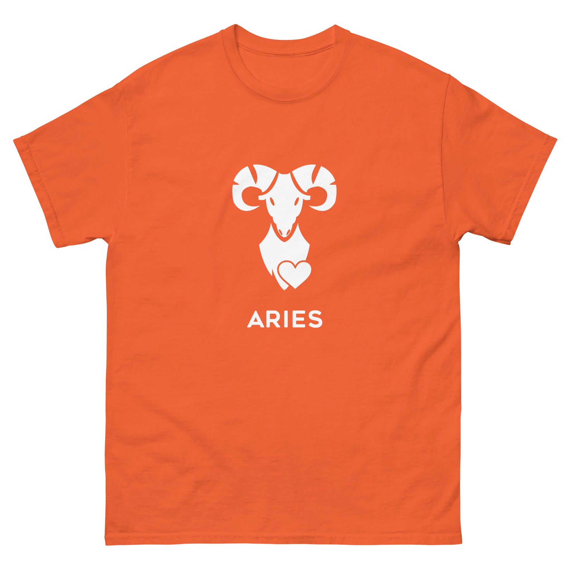 orange Aries Zodiac Sign T-shirt from Yebber, featuring a minimalist ram symbol with a heart – statement clothing for astrology enthusiasts.