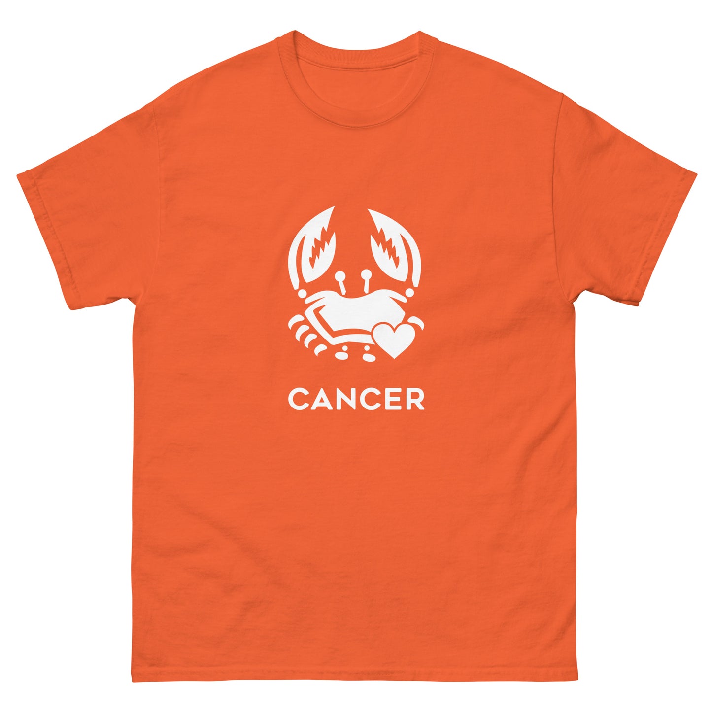 orange Cancer Zodiac Sign T-shirt from Yebber, featuring a minimalist crab symbol with a heart – statement clothing for astrology enthusiasts.