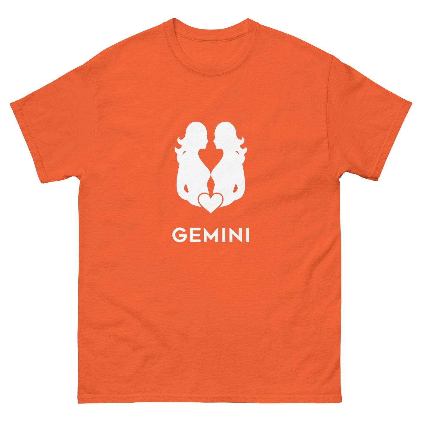 orange Gemini Zodiac Sign T-shirt from Yebber, featuring a minimalist twin symbol with a heart – statement clothing for astrology enthusiasts.