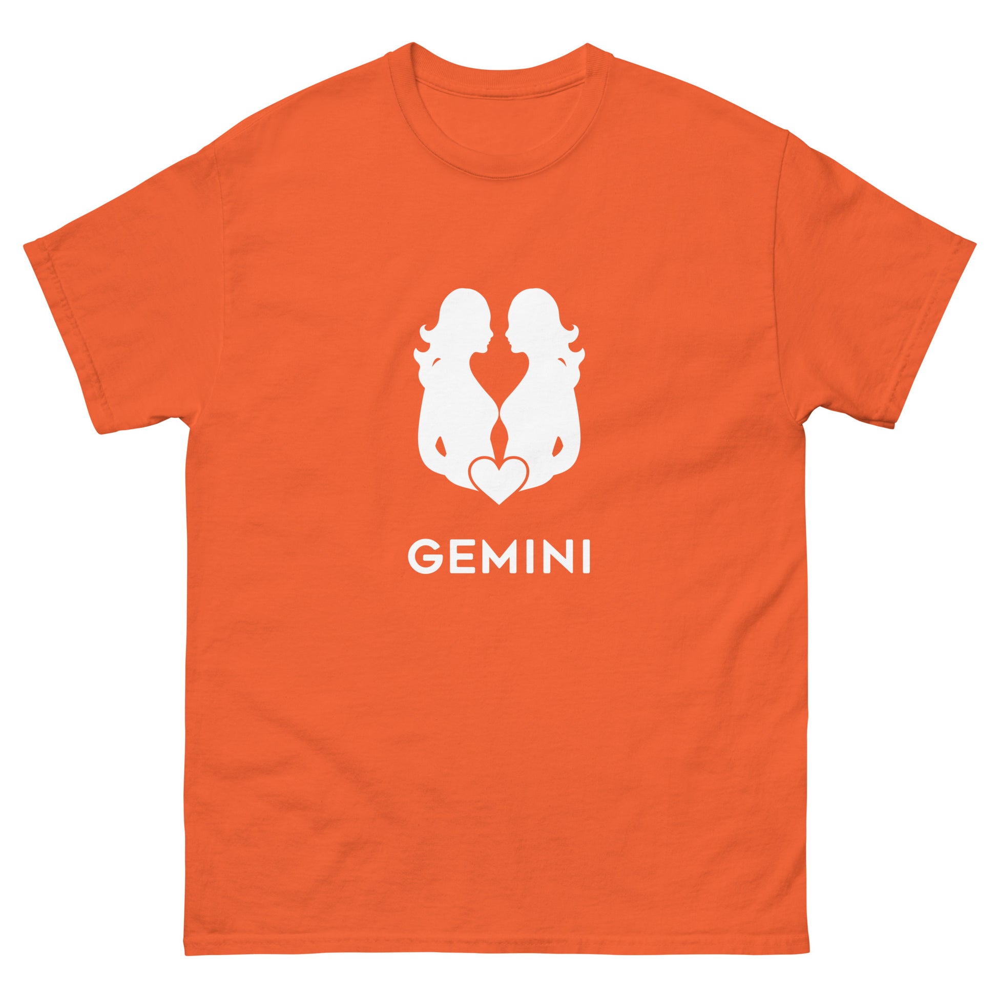 orange Gemini Zodiac Sign T-shirt from Yebber, featuring a minimalist twin symbol with a heart – statement clothing for astrology enthusiasts.