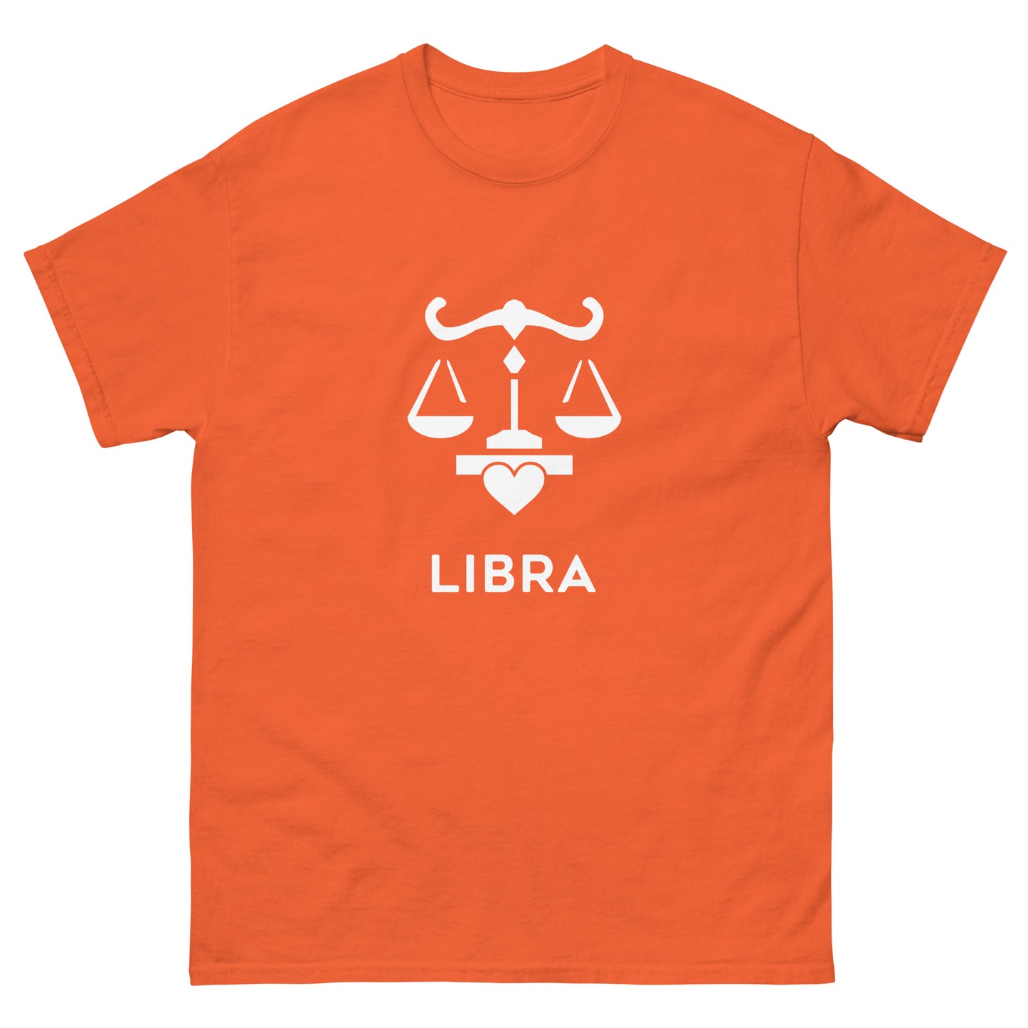 orange Libra Zodiac Sign T-shirt from Yebber, featuring a minimalist scales symbol with a heart – statement clothing for astrology enthusiasts.