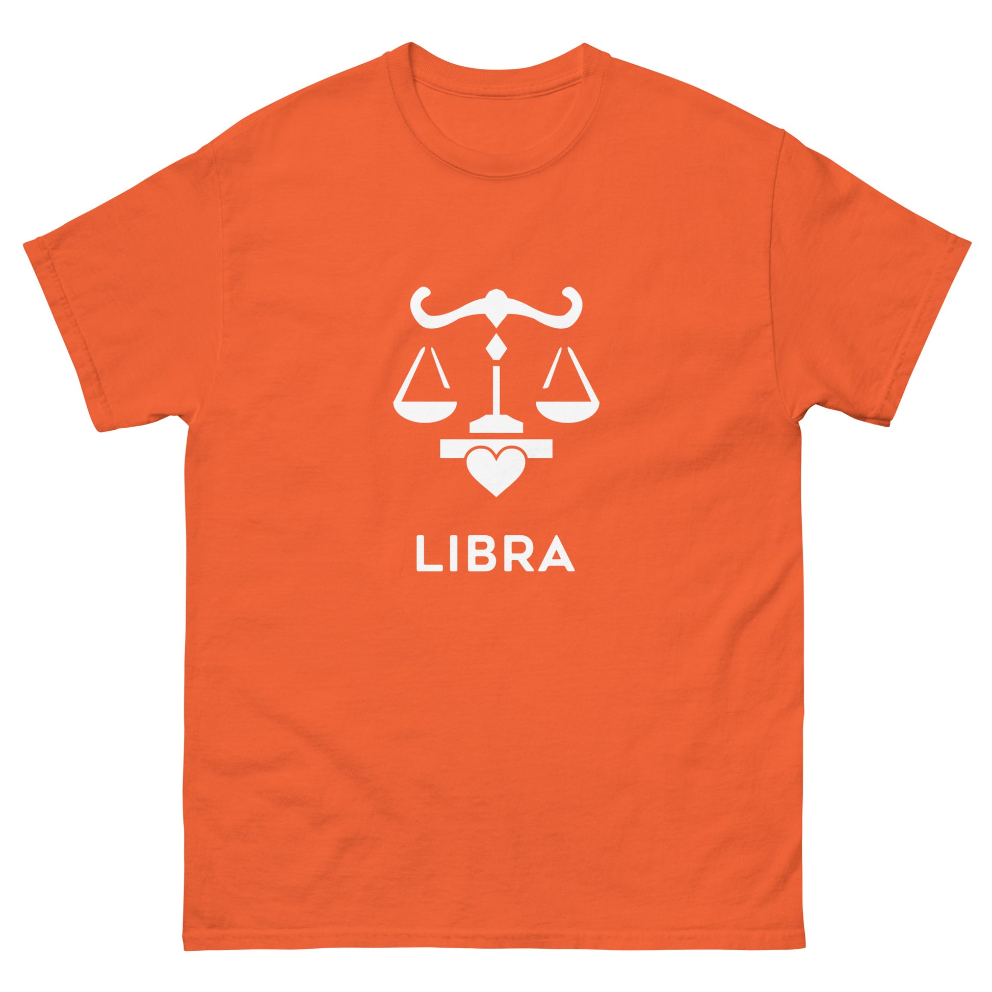 orange Libra Zodiac Sign T-shirt from Yebber, featuring a minimalist scales symbol with a heart – statement clothing for astrology enthusiasts.