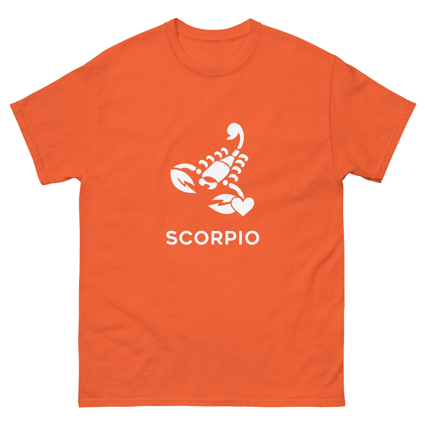 Orange Scorpio Zodiac Sign T-shirt from Yebber, featuring a minimalist scorpion symbol with a heart – statement clothing for astrology enthusiasts.