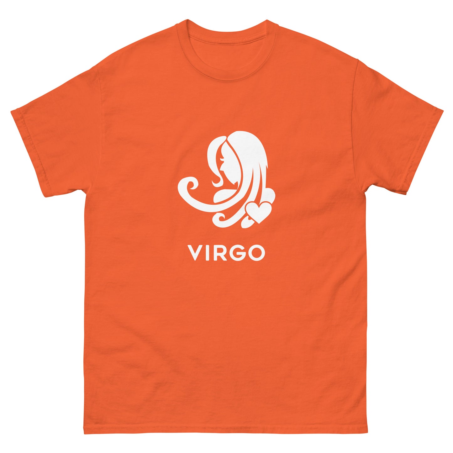 Orange Virgo Zodiac Sign T-shirt from Yebber, featuring a minimalist Virgo symbol with a heart – statement clothing for astrology enthusiasts.