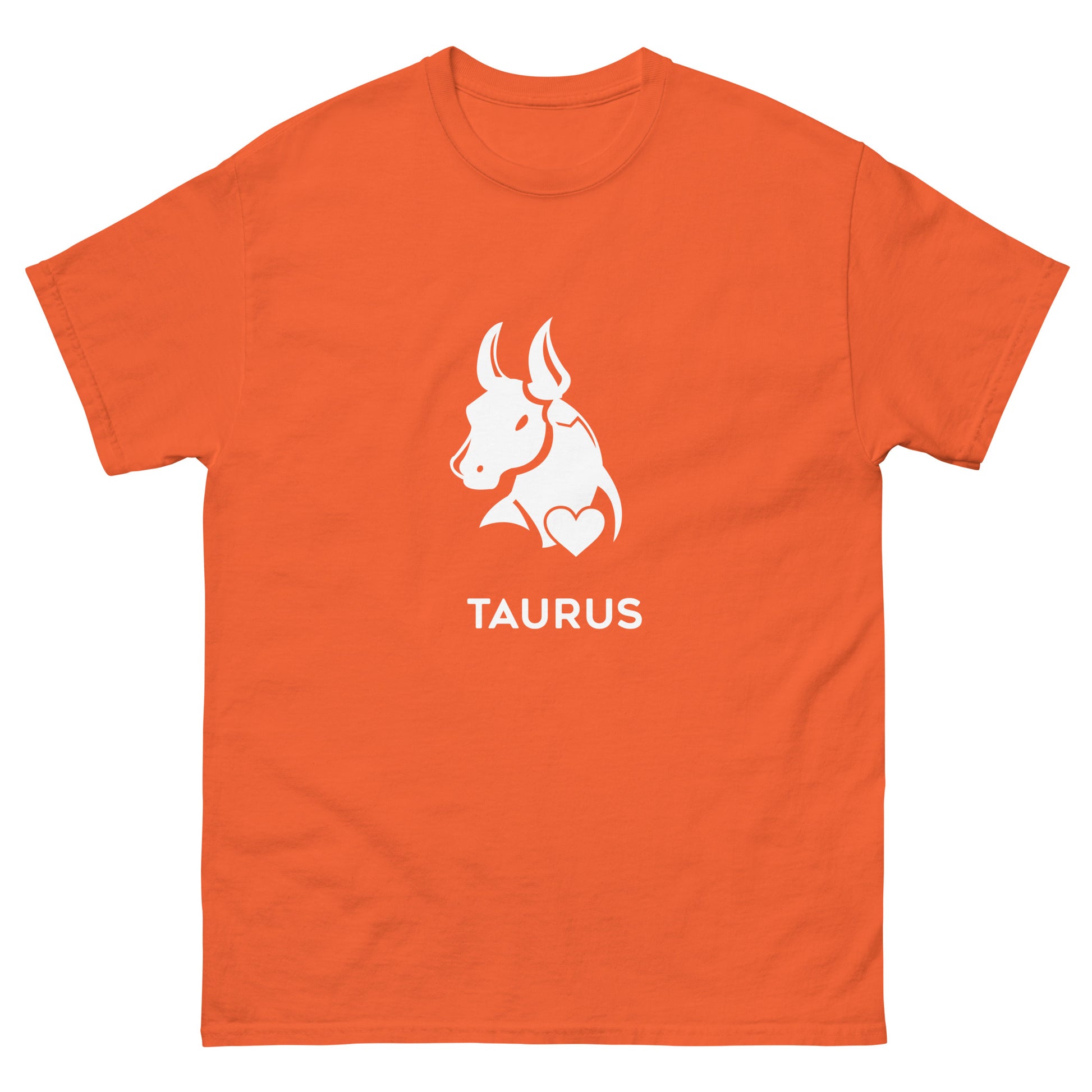 Orange Taurus Zodiac Sign T-shirt from Yebber, featuring a minimalist bull symbol in a heart – statement clothing for astrology enthusiasts.