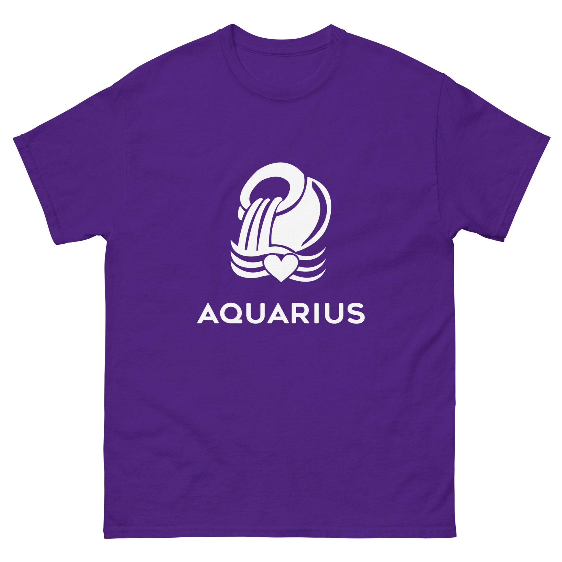 purple Aquarius Zodiac Sign T-shirt from Yebber, featuring a minimalist Aquarius glyph with a heart – perfect statement clothing for astrology lovers.