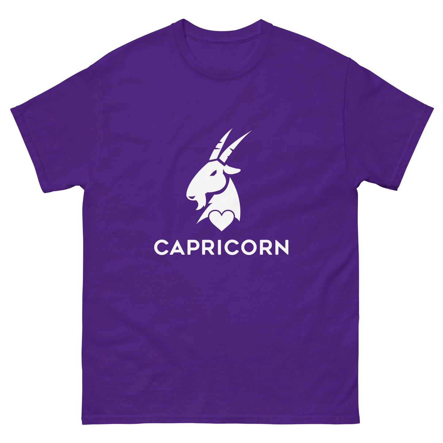 purple Capricorn Zodiac Sign T-shirt from Yebber, featuring a minimalist goat symbol with a heart – statement clothing for astrology enthusiasts.