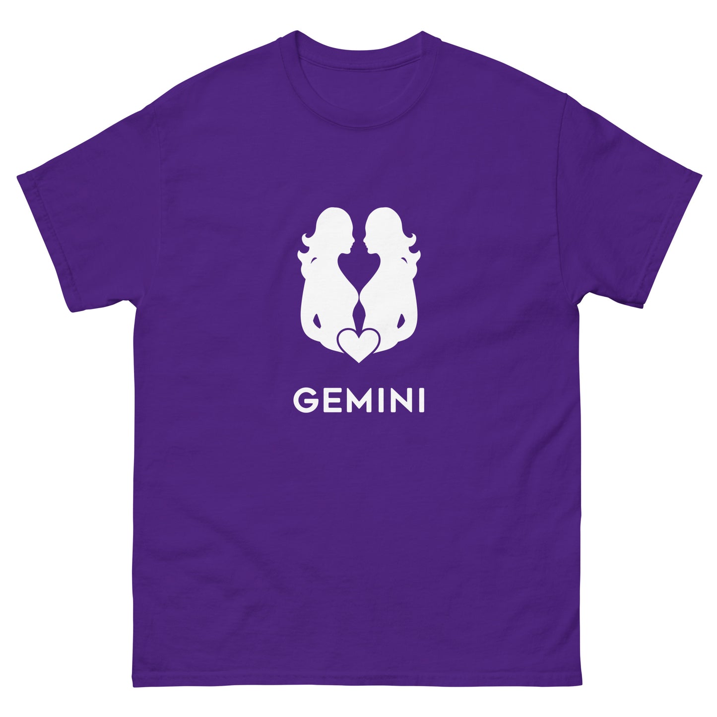 purple Gemini Zodiac Sign T-shirt from Yebber, featuring a minimalist twin symbol with a heart – statement clothing for astrology enthusiasts.