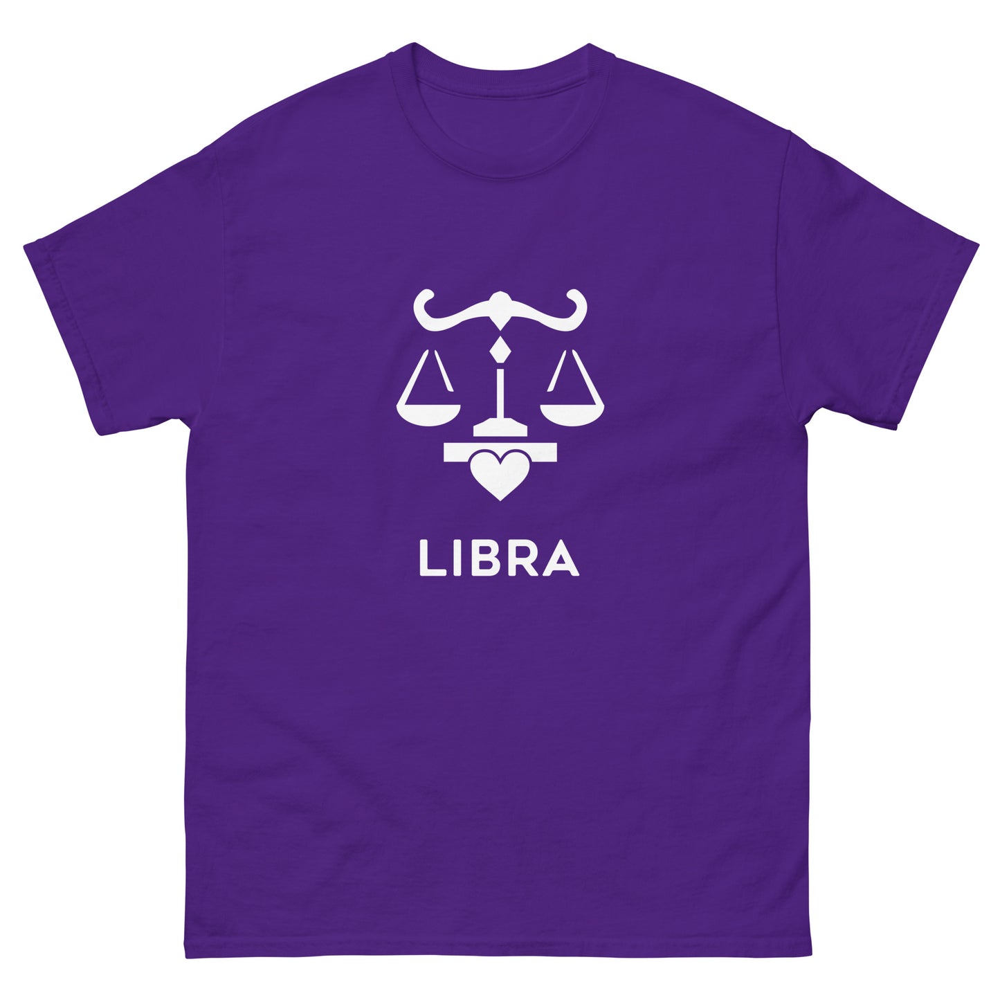 purple Libra Zodiac Sign T-shirt from Yebber, featuring a minimalist scales symbol with a heart – statement clothing for astrology enthusiasts.