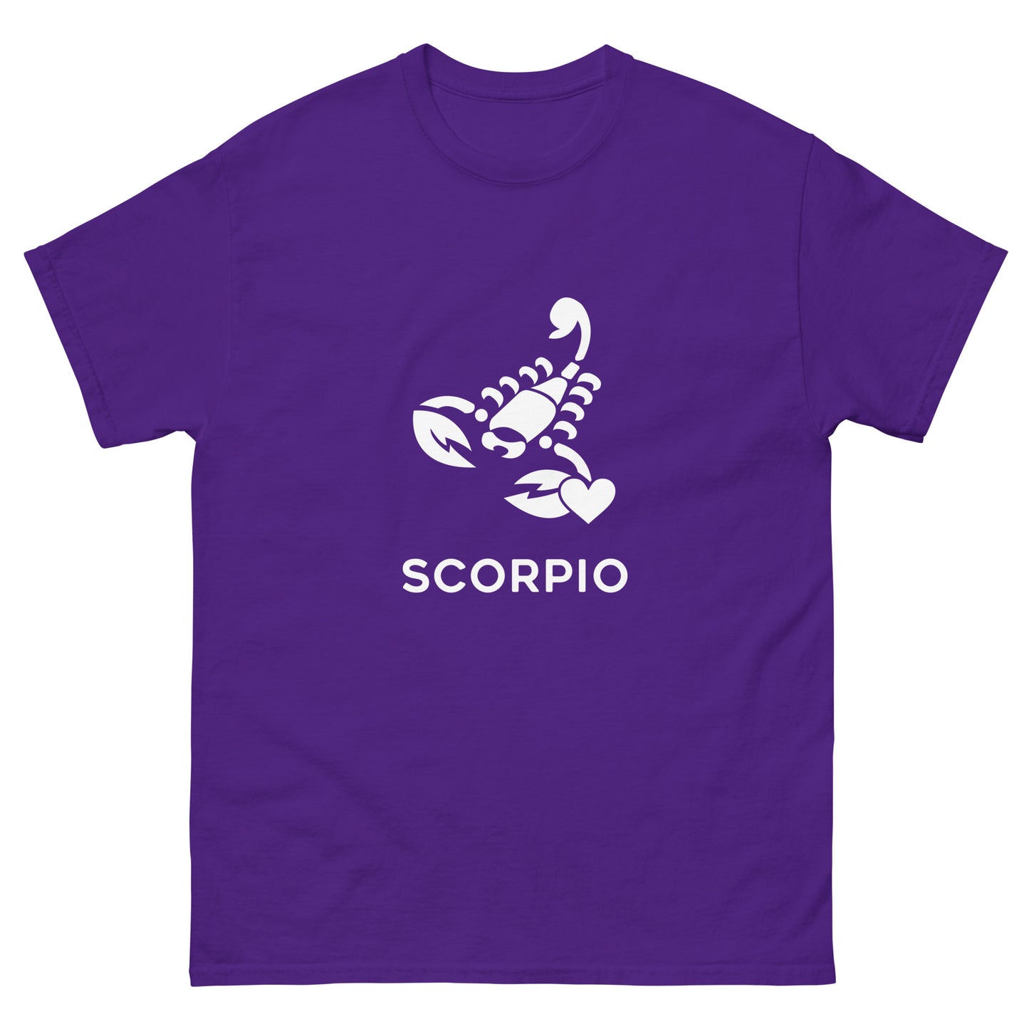 Purple Scorpio Zodiac Sign T-shirt from Yebber, featuring a minimalist scorpion symbol with a heart – statement clothing for astrology enthusiasts.