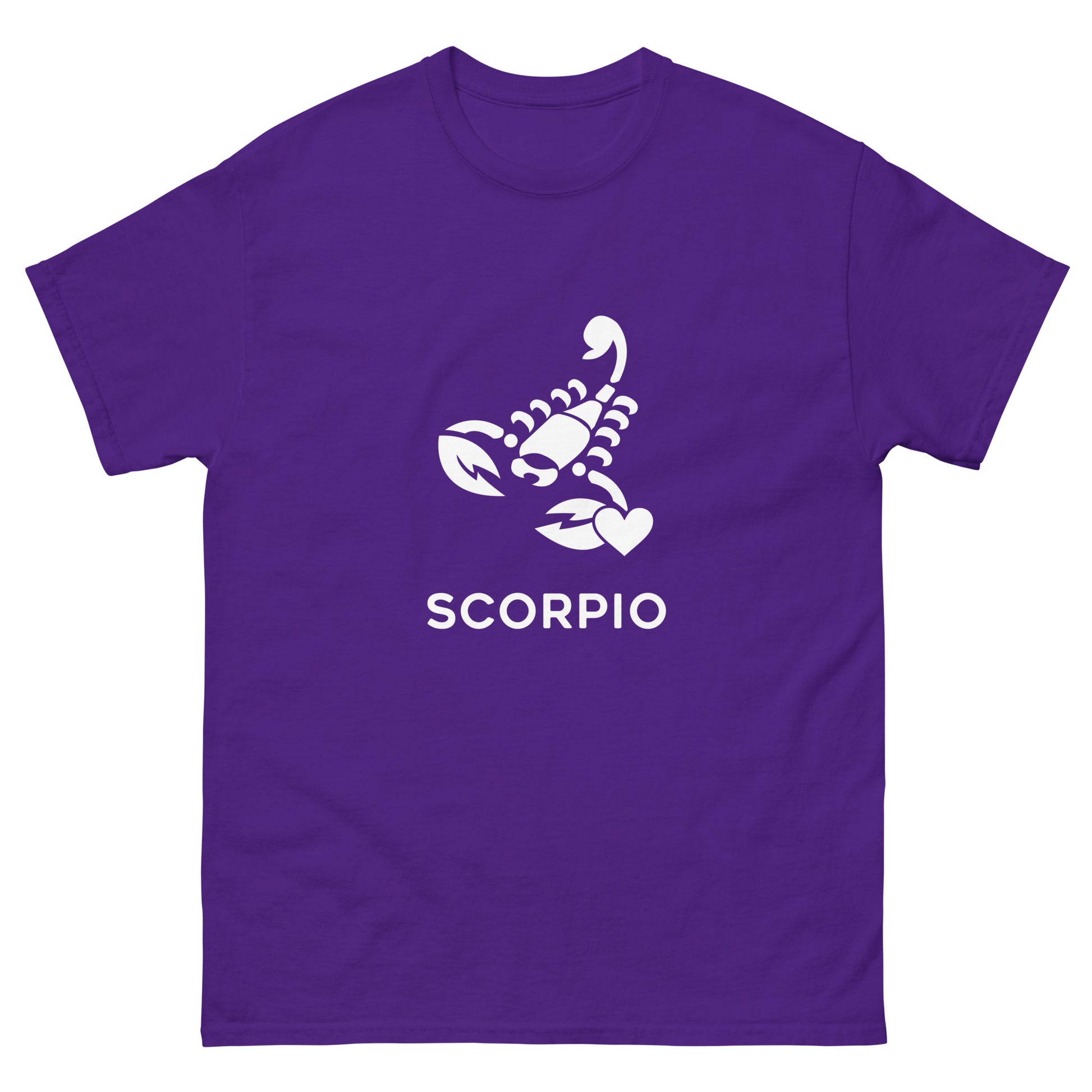 Purple Scorpio Zodiac Sign T-shirt from Yebber, featuring a minimalist scorpion symbol with a heart – statement clothing for astrology enthusiasts.