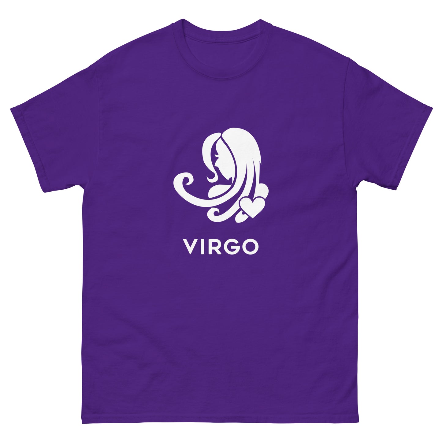 Purple Virgo Zodiac Sign T-shirt from Yebber, featuring a minimalist Virgo symbol with a heart – statement clothing for astrology enthusiasts.