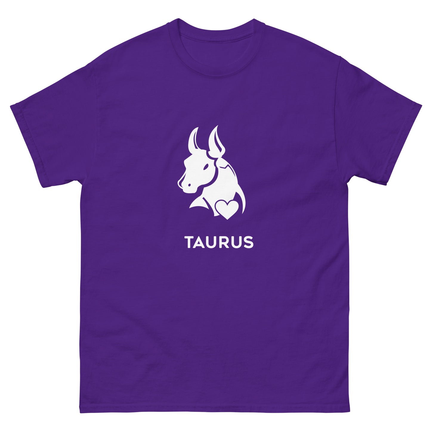 Purple Taurus Zodiac Sign T-shirt from Yebber, featuring a minimalist bull symbol in a heart – statement clothing for astrology enthusiasts.