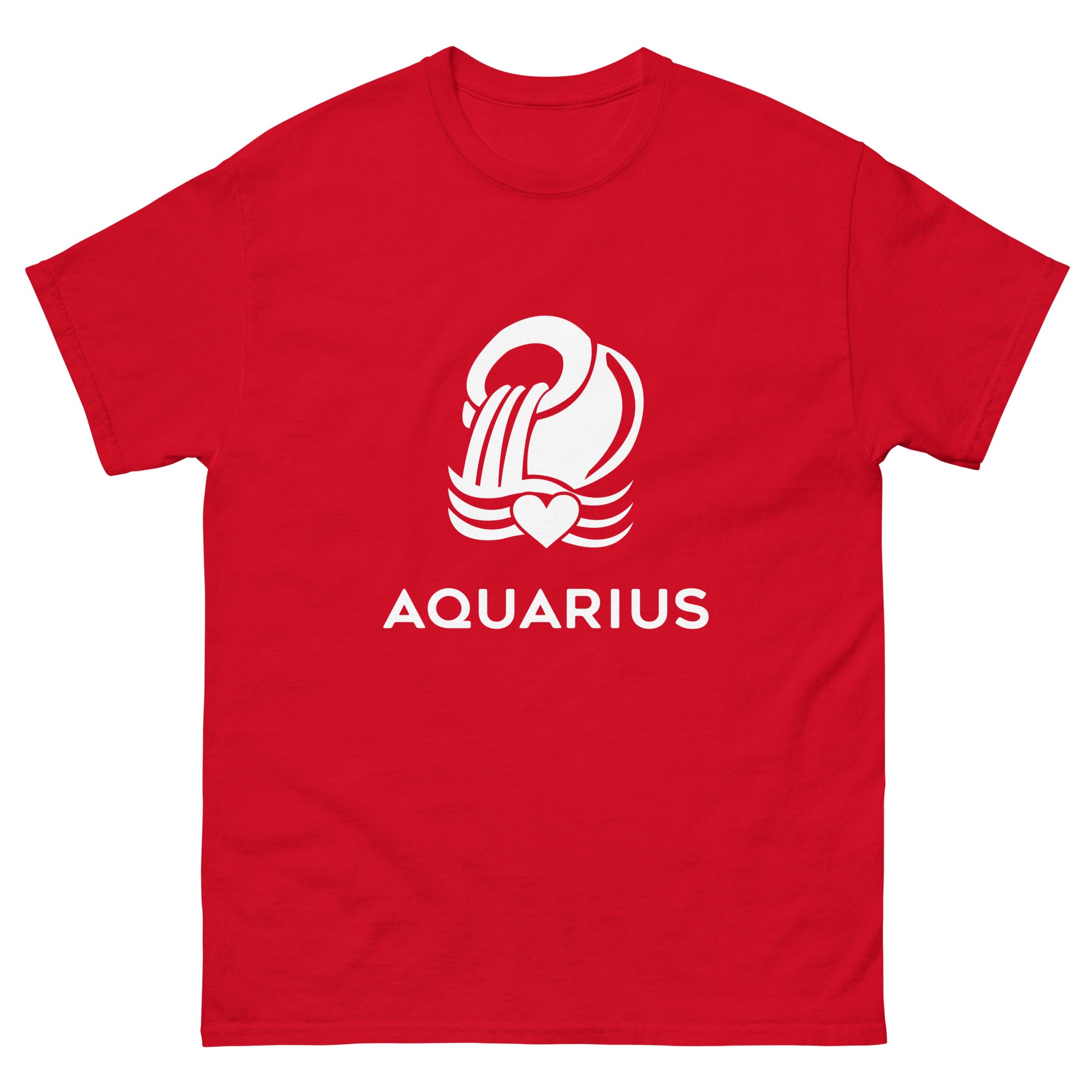 red Aquarius Zodiac Sign T-shirt from Yebber, featuring a minimalist Aquarius glyph with a heart – perfect statement clothing for astrology lovers.