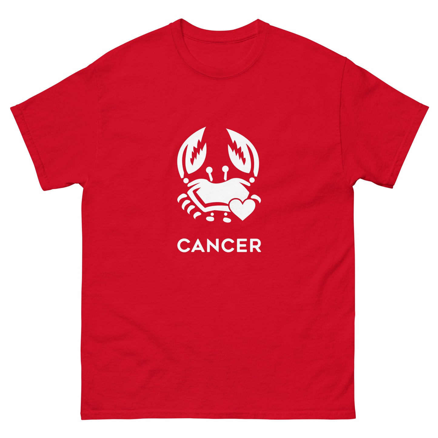 red Cancer Zodiac Sign T-shirt from Yebber, featuring a minimalist crab symbol with a heart – statement clothing for astrology enthusiasts.