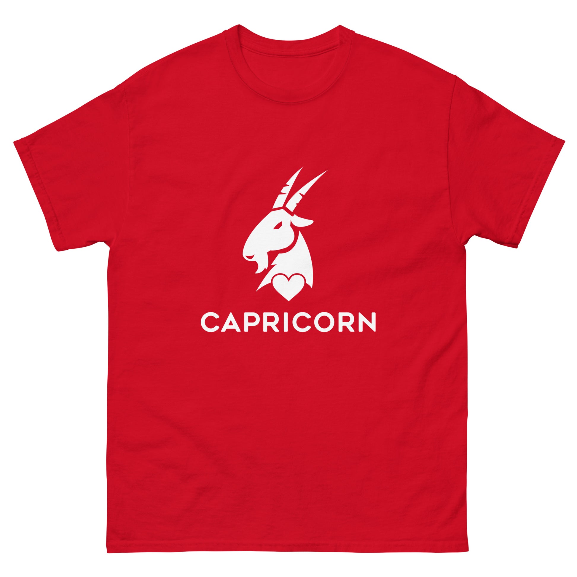 red Capricorn Zodiac Sign T-shirt from Yebber, featuring a minimalist goat symbol with a heart – statement clothing for astrology enthusiasts.