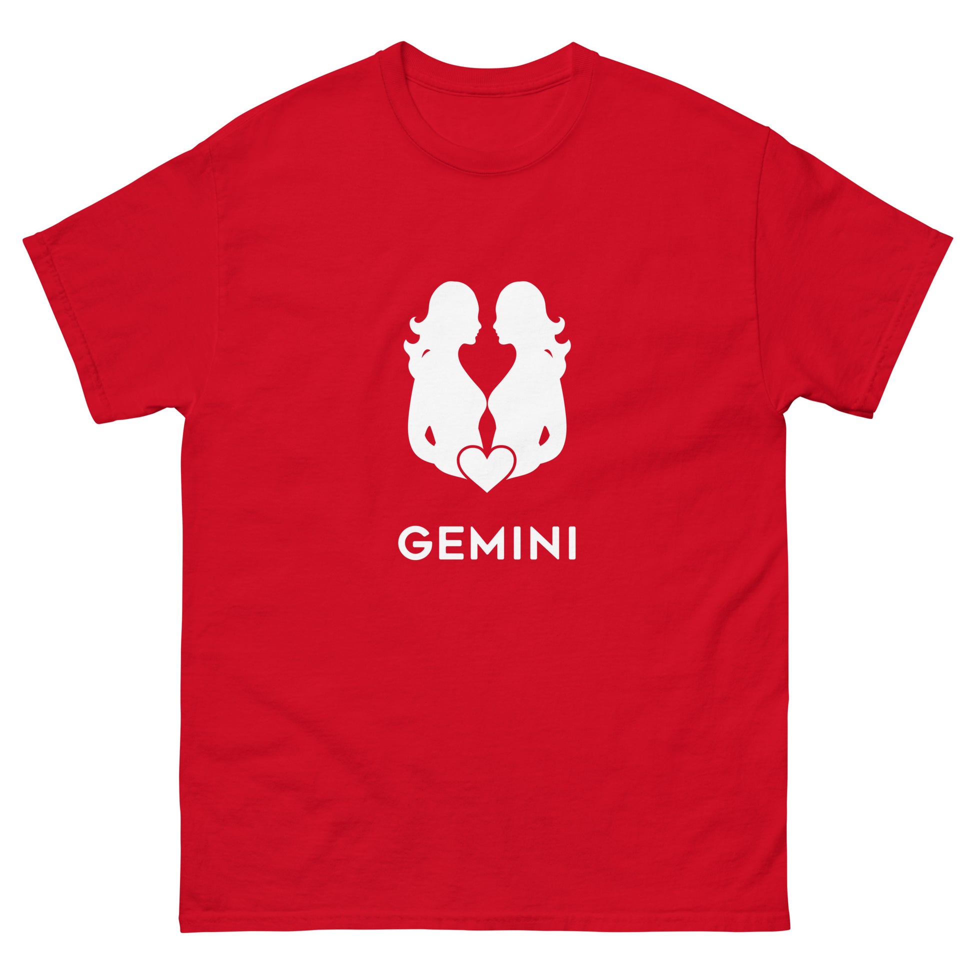 red Gemini Zodiac Sign T-shirt from Yebber, featuring a minimalist twin symbol with a heart – statement clothing for astrology enthusiasts.