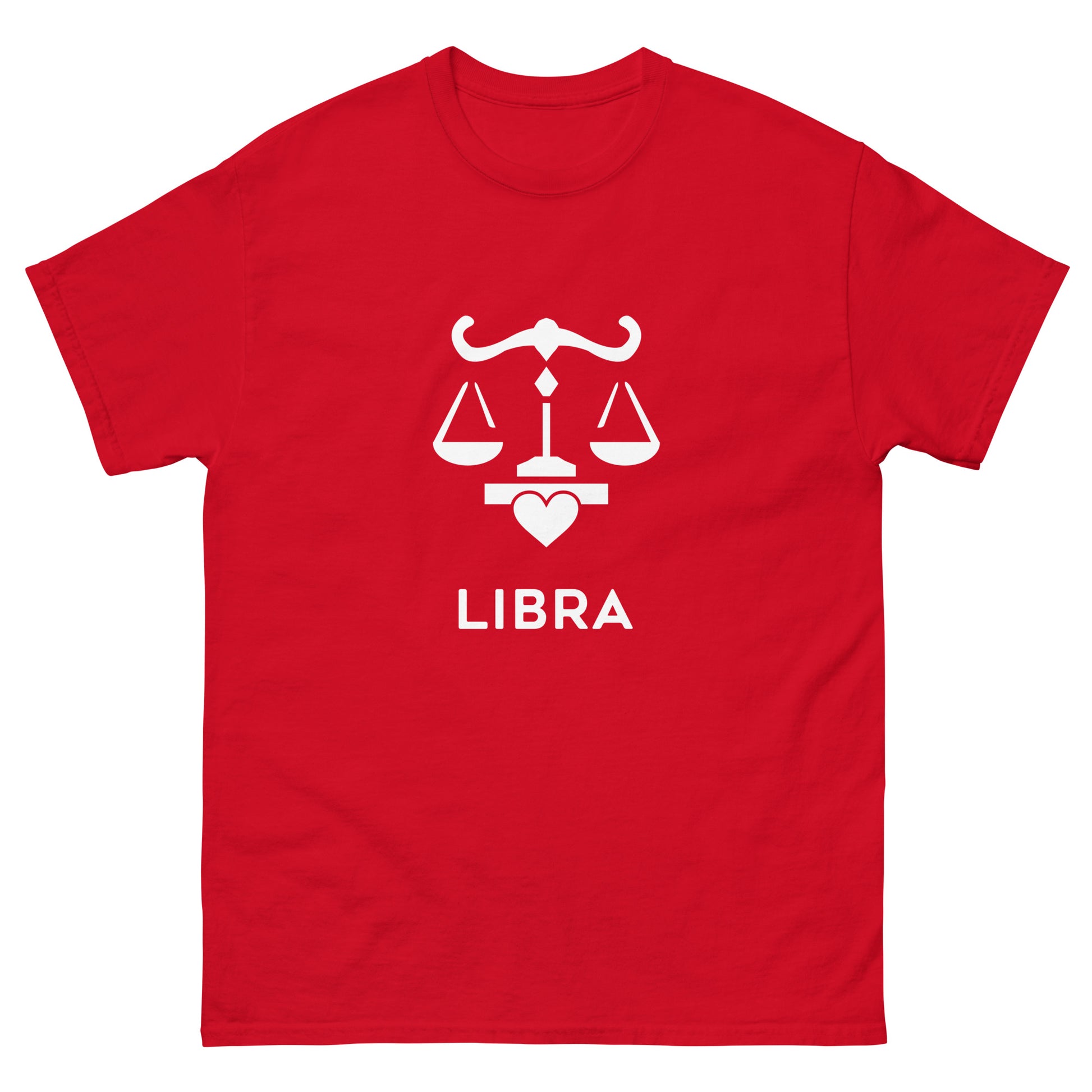 red Libra Zodiac Sign T-shirt from Yebber, featuring a minimalist scales symbol with a heart – statement clothing for astrology enthusiasts.