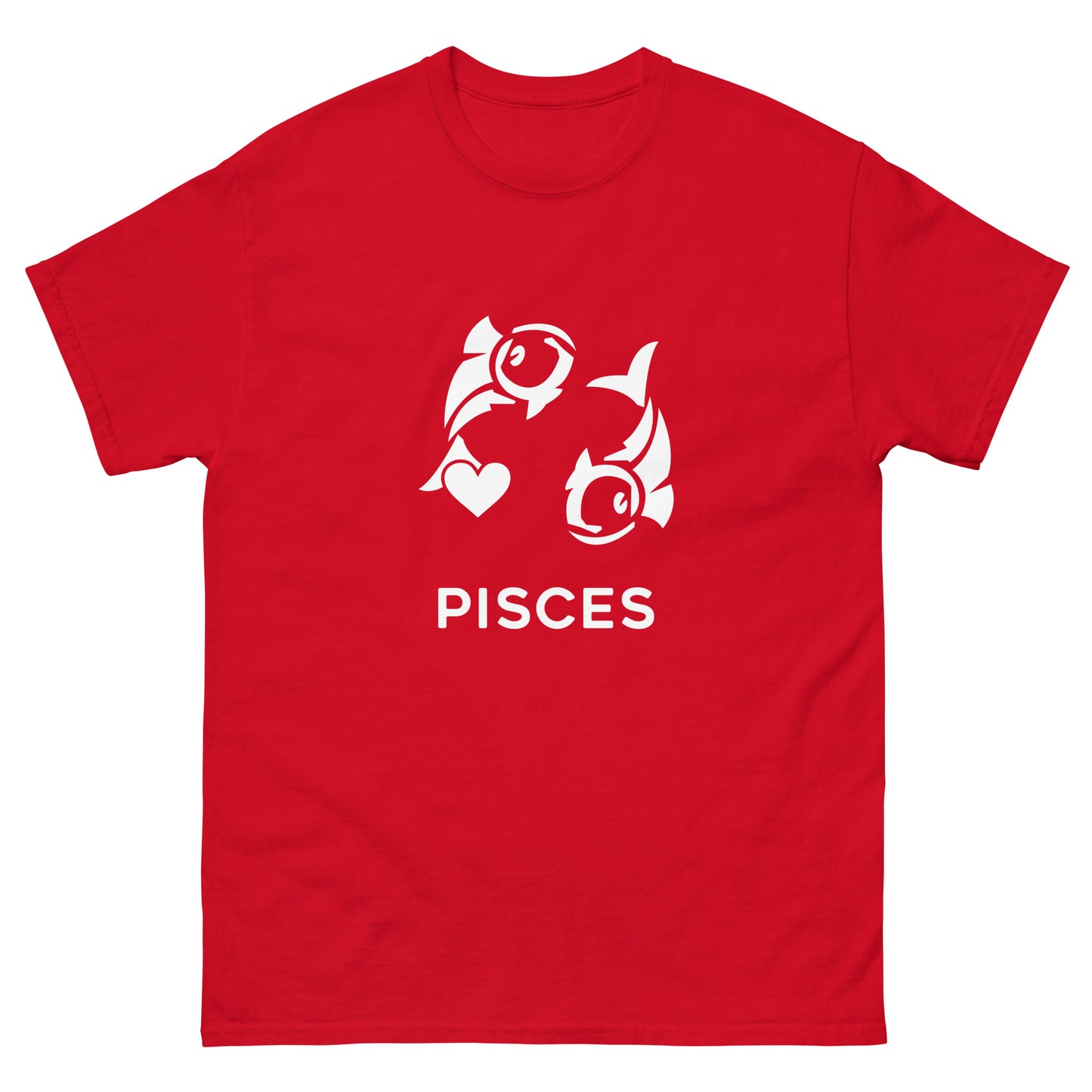 red Pisces Zodiac Sign T-shirt from Yebber, featuring a minimalist fish symbol with a heart – statement clothing for astrology enthusiasts.