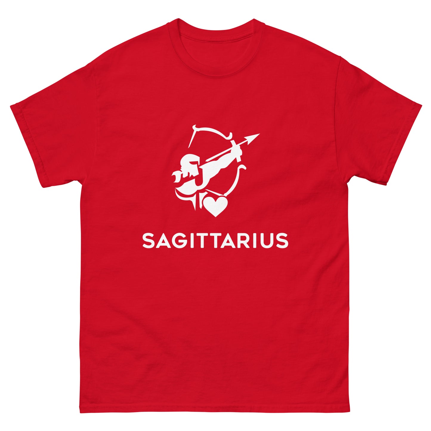 red Sagittarius Zodiac Sign T-shirt from Yebber, featuring a minimalist archer symbol with a heart – statement clothing for astrology enthusiasts.