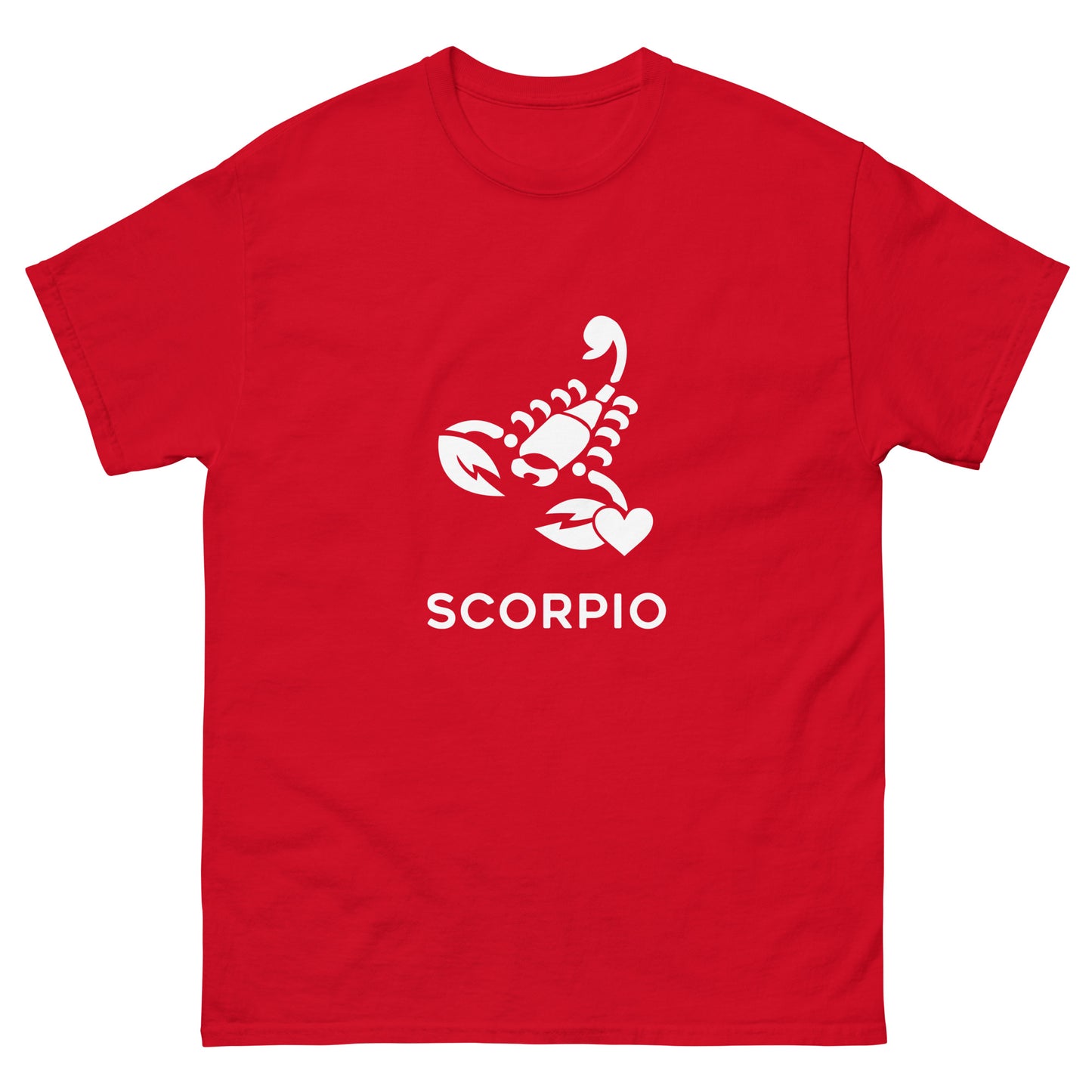 Red Scorpio Zodiac Sign T-shirt from Yebber, featuring a minimalist scorpion symbol with a heart – statement clothing for astrology enthusiasts.