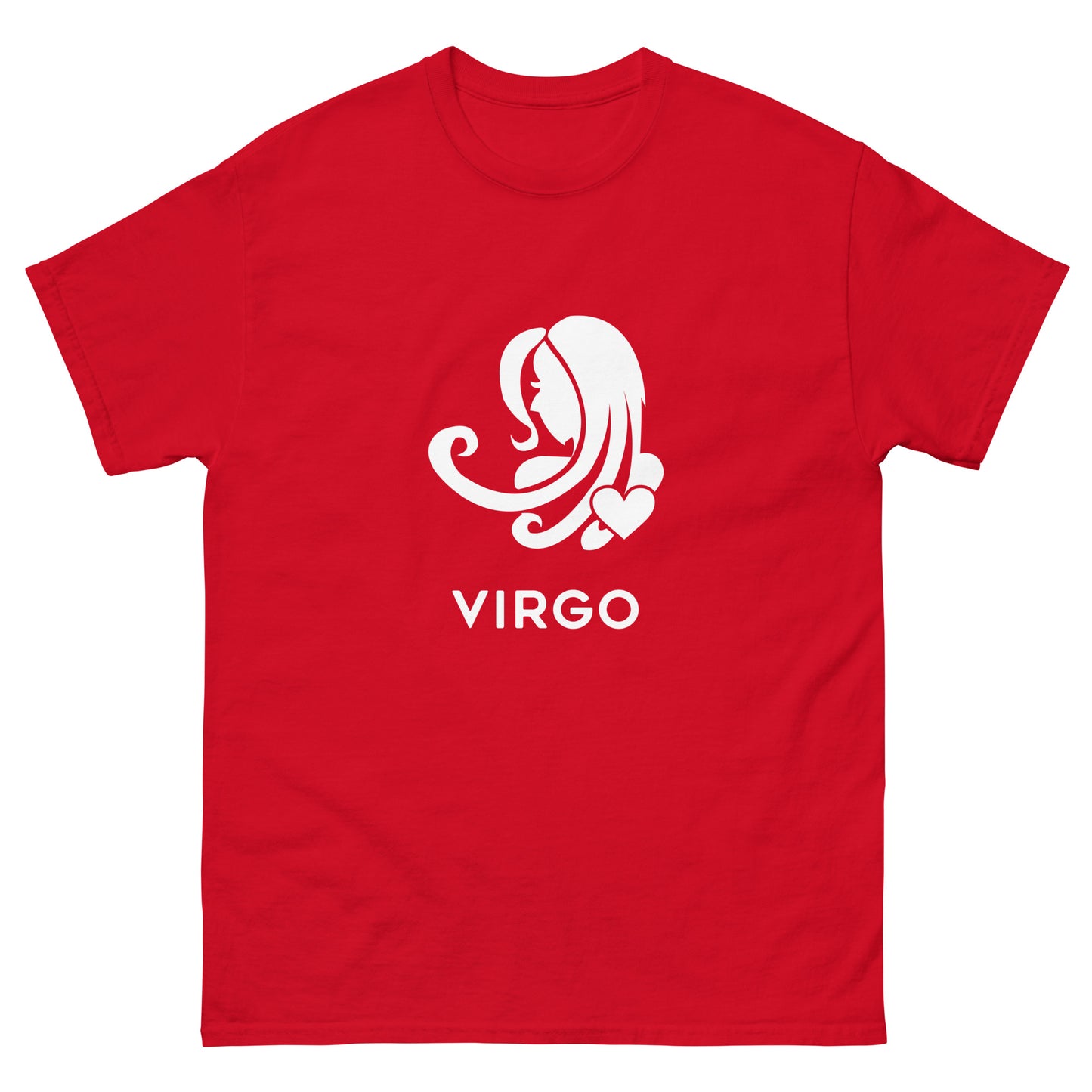 Red Virgo Zodiac Sign T-shirt from Yebber, featuring a minimalist Virgo symbol with a heart – statement clothing for astrology enthusiasts.