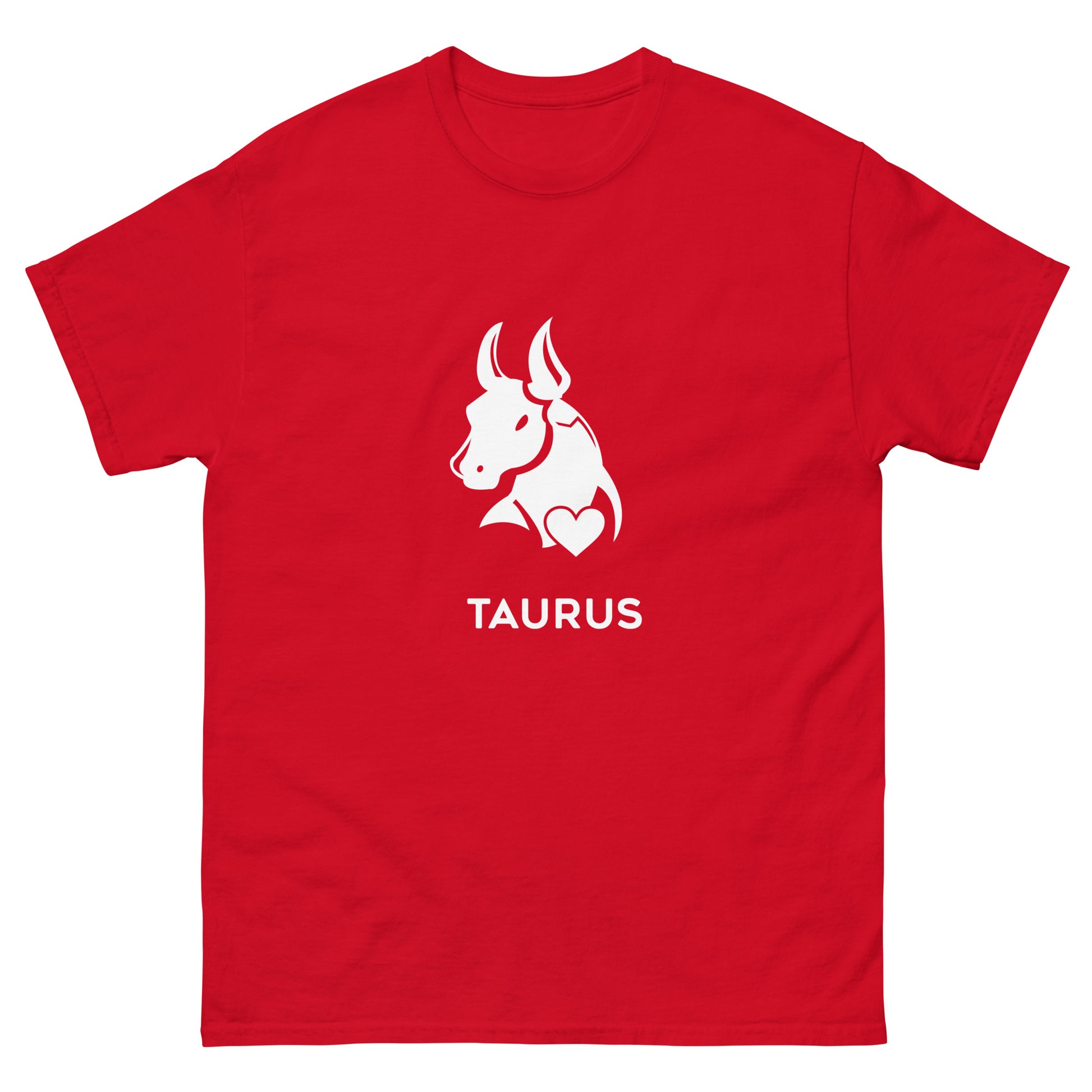 Red Taurus Zodiac Sign T-shirt from Yebber, featuring a minimalist bull symbol in a heart – statement clothing for astrology enthusiasts.