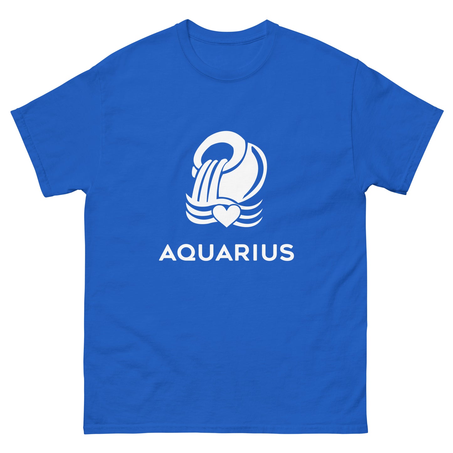 royal Aquarius Zodiac Sign T-shirt from Yebber, featuring a minimalist Aquarius glyph with a heart – perfect statement clothing for astrology lovers.