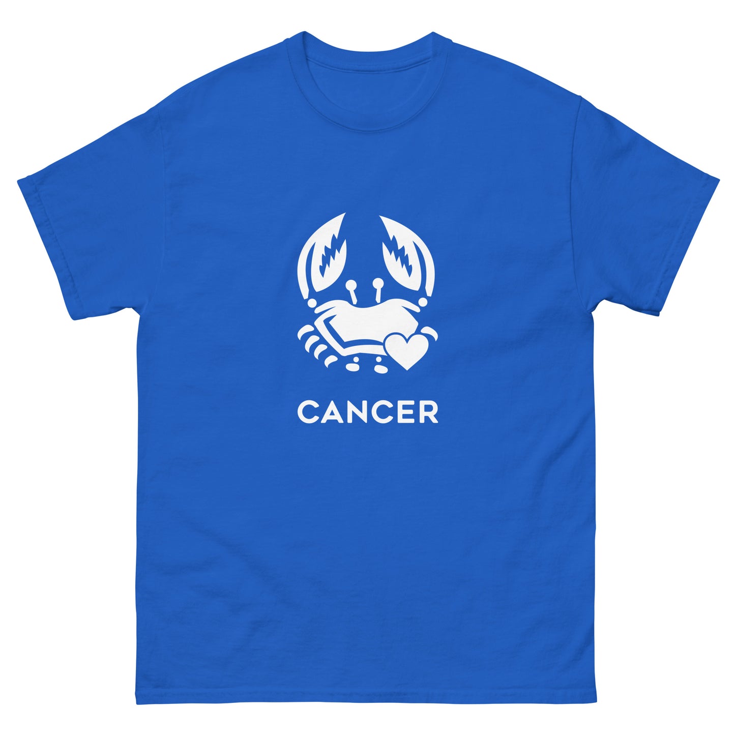 royal Cancer Zodiac Sign T-shirt from Yebber, featuring a minimalist crab symbol with a heart – statement clothing for astrology enthusiasts.