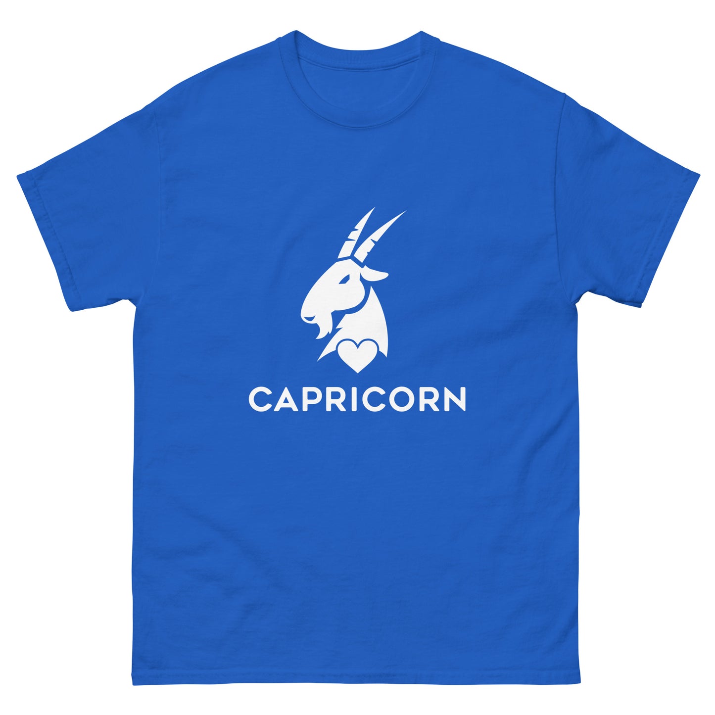 royal Capricorn Zodiac Sign T-shirt from Yebber, featuring a minimalist goat symbol with a heart – statement clothing for astrology enthusiasts.