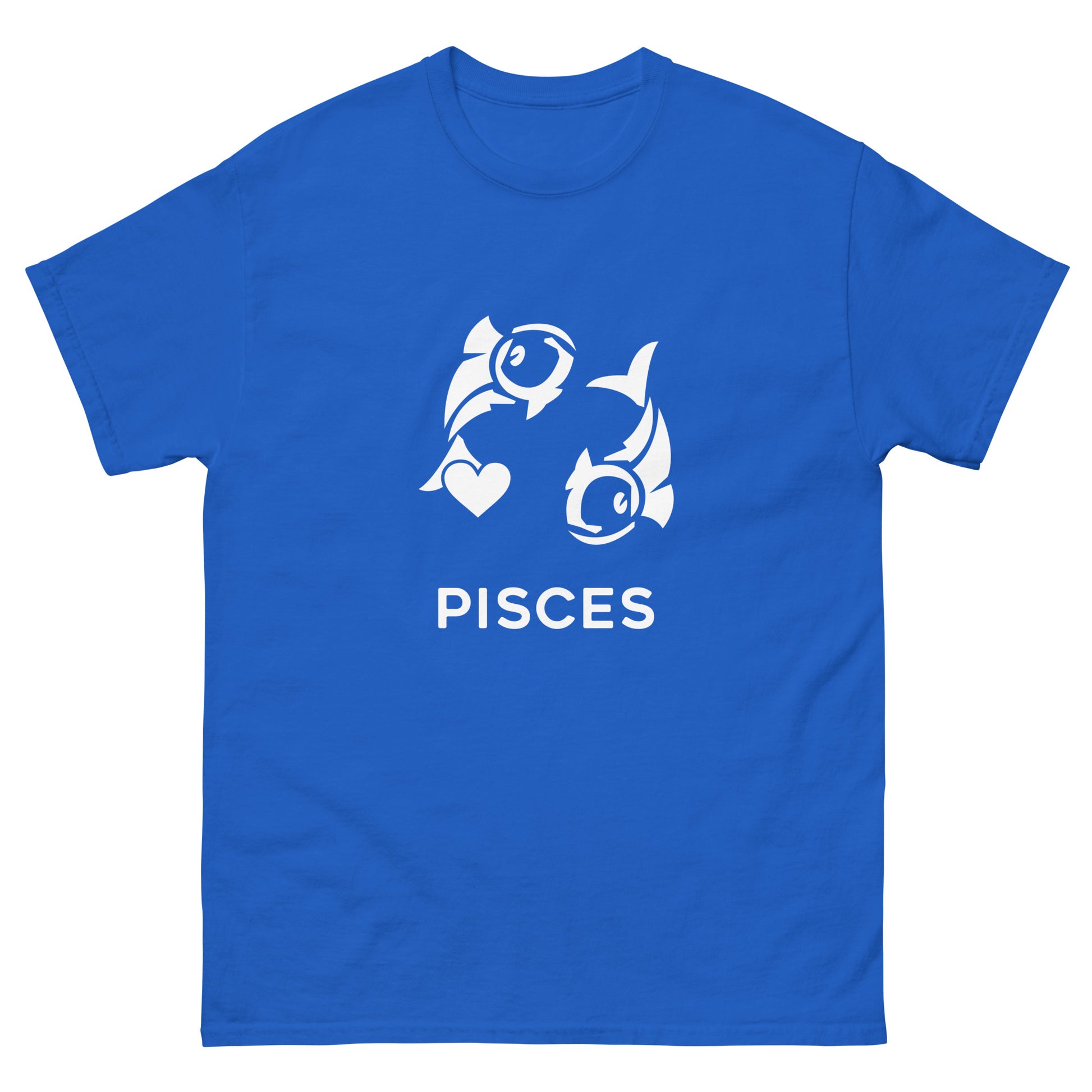 royal Pisces Zodiac Sign T-shirt from Yebber, featuring a minimalist fish symbol with a heart – statement clothing for astrology enthusiasts.