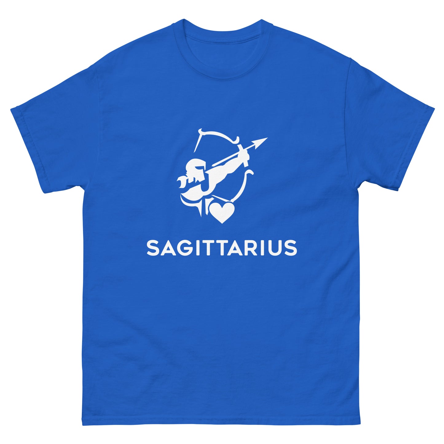 royal Sagittarius Zodiac Sign T-shirt from Yebber, featuring a minimalist archer symbol with a heart – statement clothing for astrology enthusiasts.