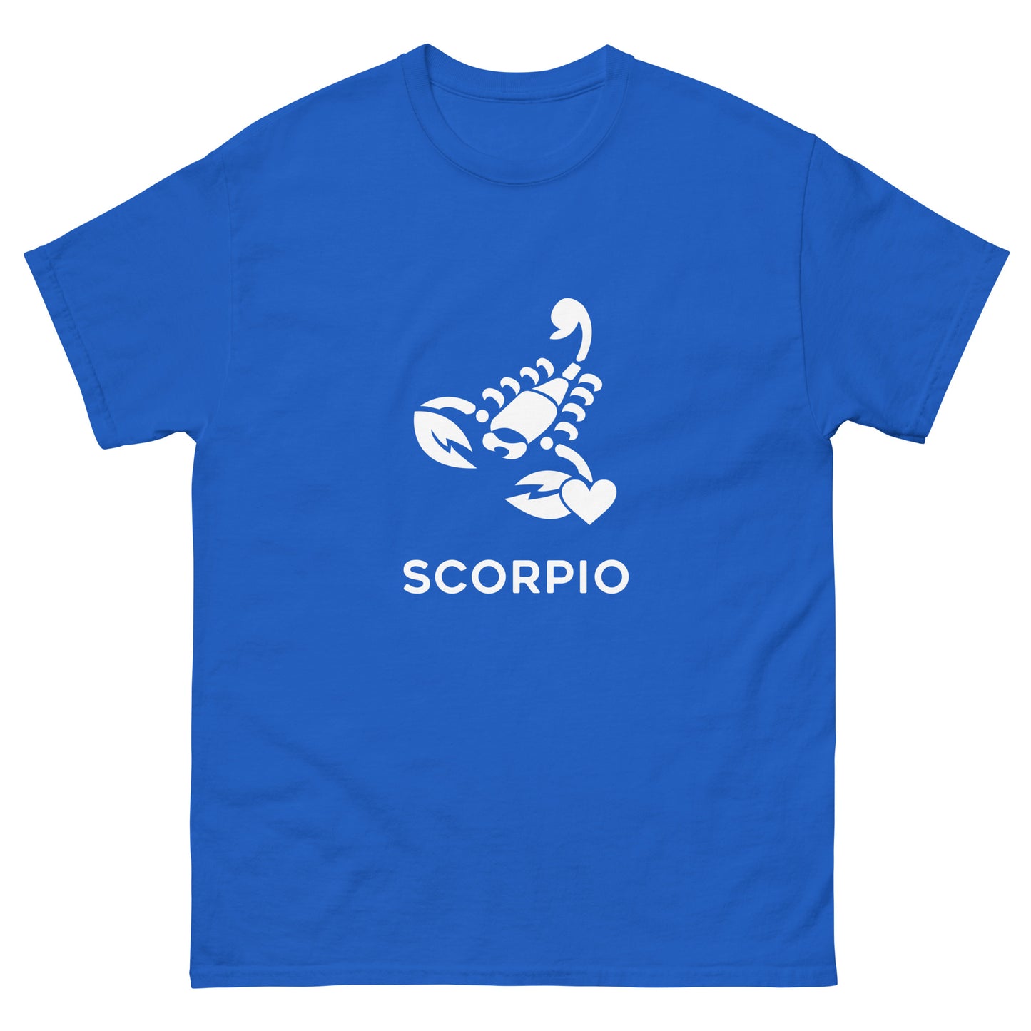 Royal Scorpio Zodiac Sign T-shirt from Yebber, featuring a minimalist scorpion symbol with a heart – statement clothing for astrology enthusiasts.