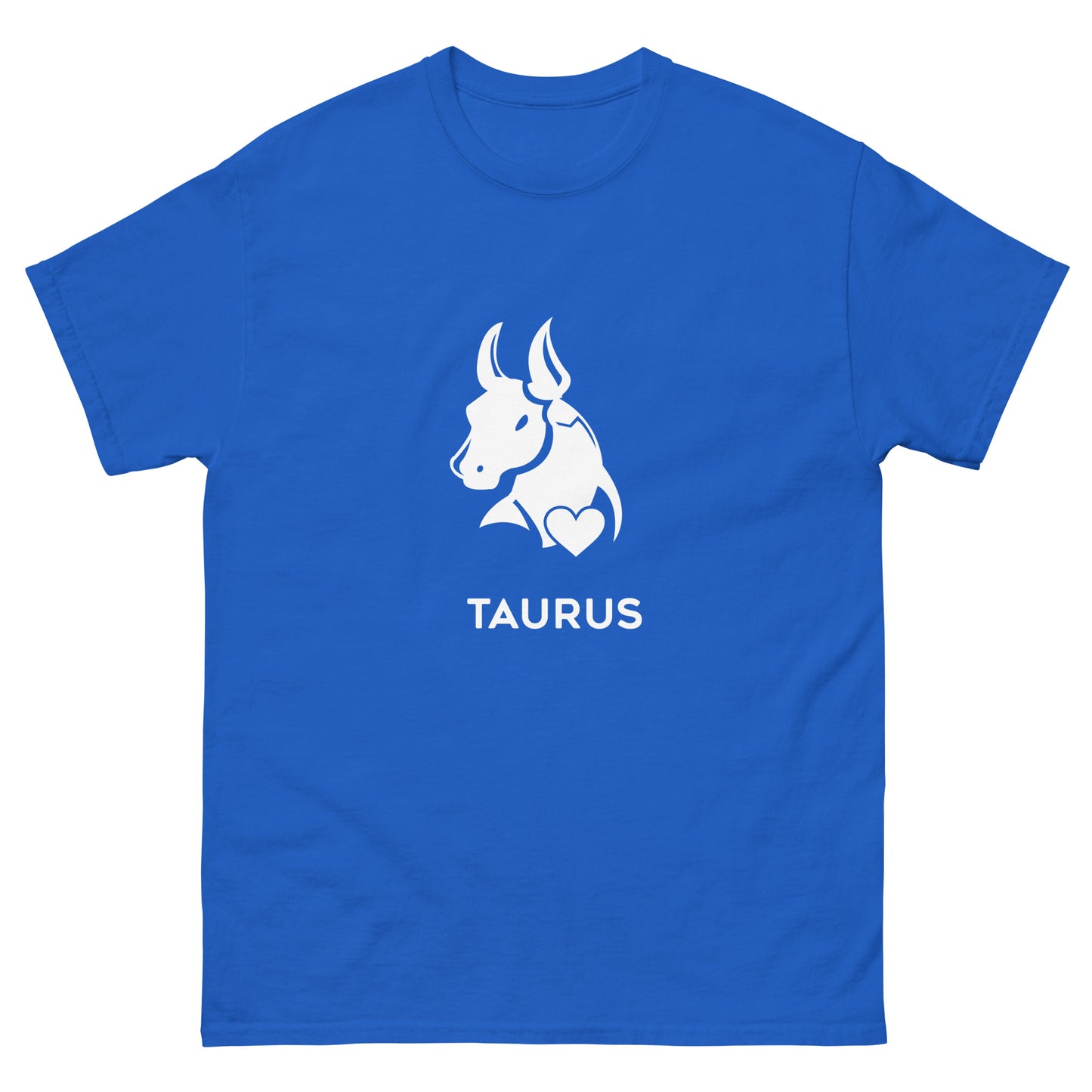 Royal Taurus Zodiac Sign T-shirt from Yebber, featuring a minimalist bull symbol in a heart – statement clothing for astrology enthusiasts.