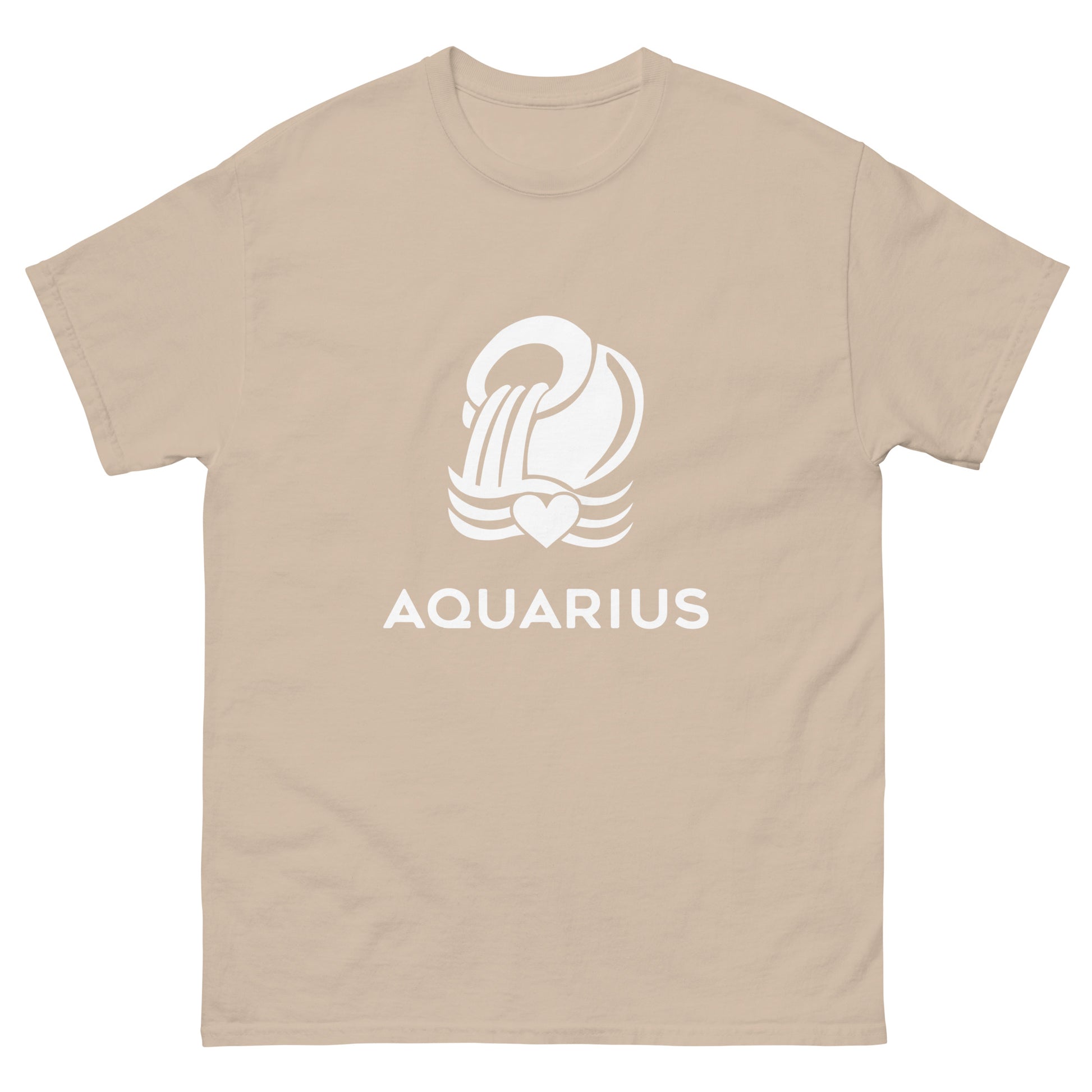 sand Aquarius Zodiac Sign T-shirt from Yebber, featuring a minimalist Aquarius glyph with a heart – perfect statement clothing for astrology lovers.