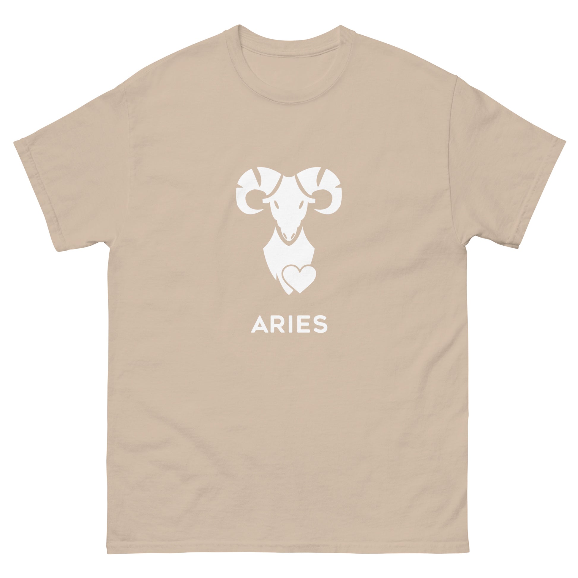 sand Aries Zodiac Sign T-shirt from Yebber, featuring a minimalist ram symbol with a heart – statement clothing for astrology enthusiasts.