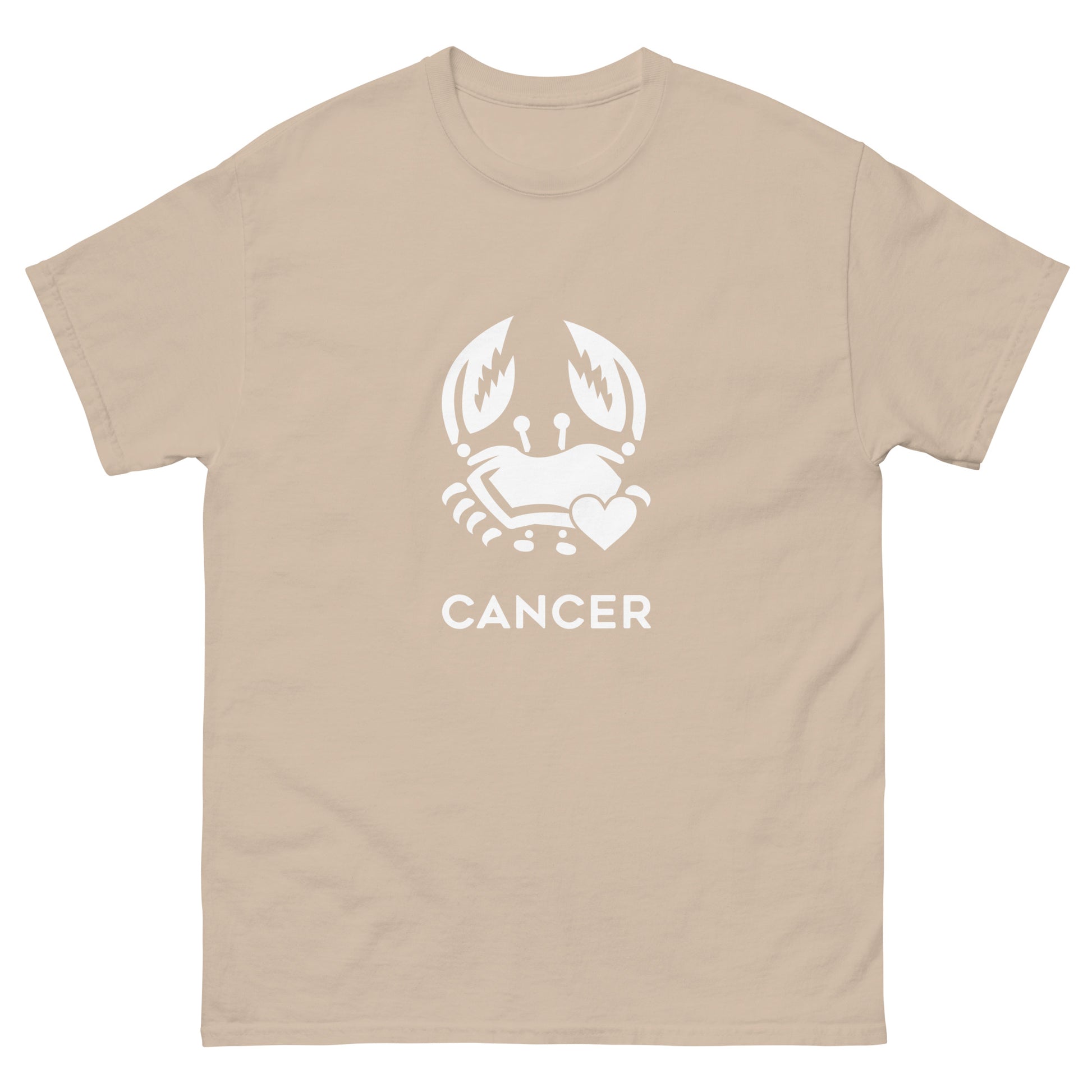 sand Cancer Zodiac Sign T-shirt from Yebber, featuring a minimalist crab symbol with a heart – statement clothing for astrology enthusiasts.