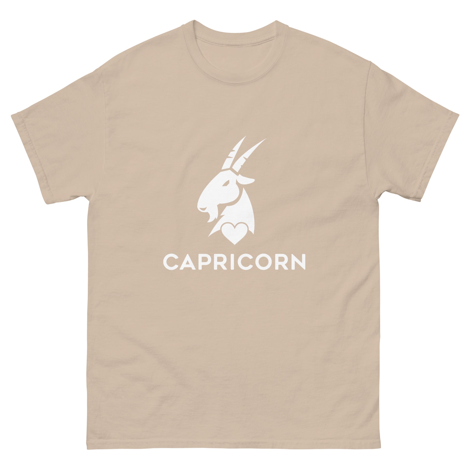 sand Capricorn Zodiac Sign T-shirt from Yebber, featuring a minimalist goat symbol with a heart – statement clothing for astrology enthusiasts.