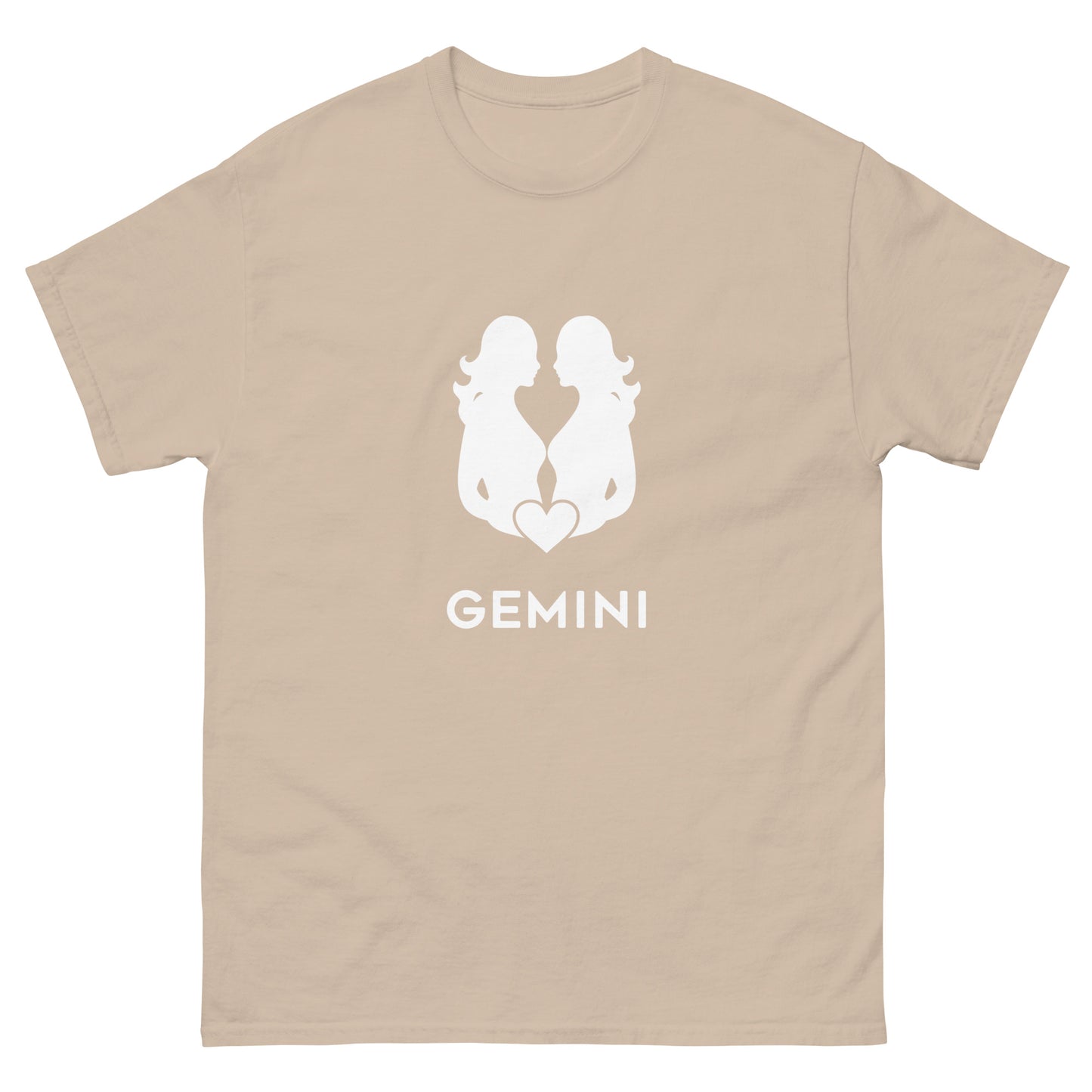 sand Gemini Zodiac Sign T-shirt from Yebber, featuring a minimalist twin symbol with a heart – statement clothing for astrology enthusiasts.