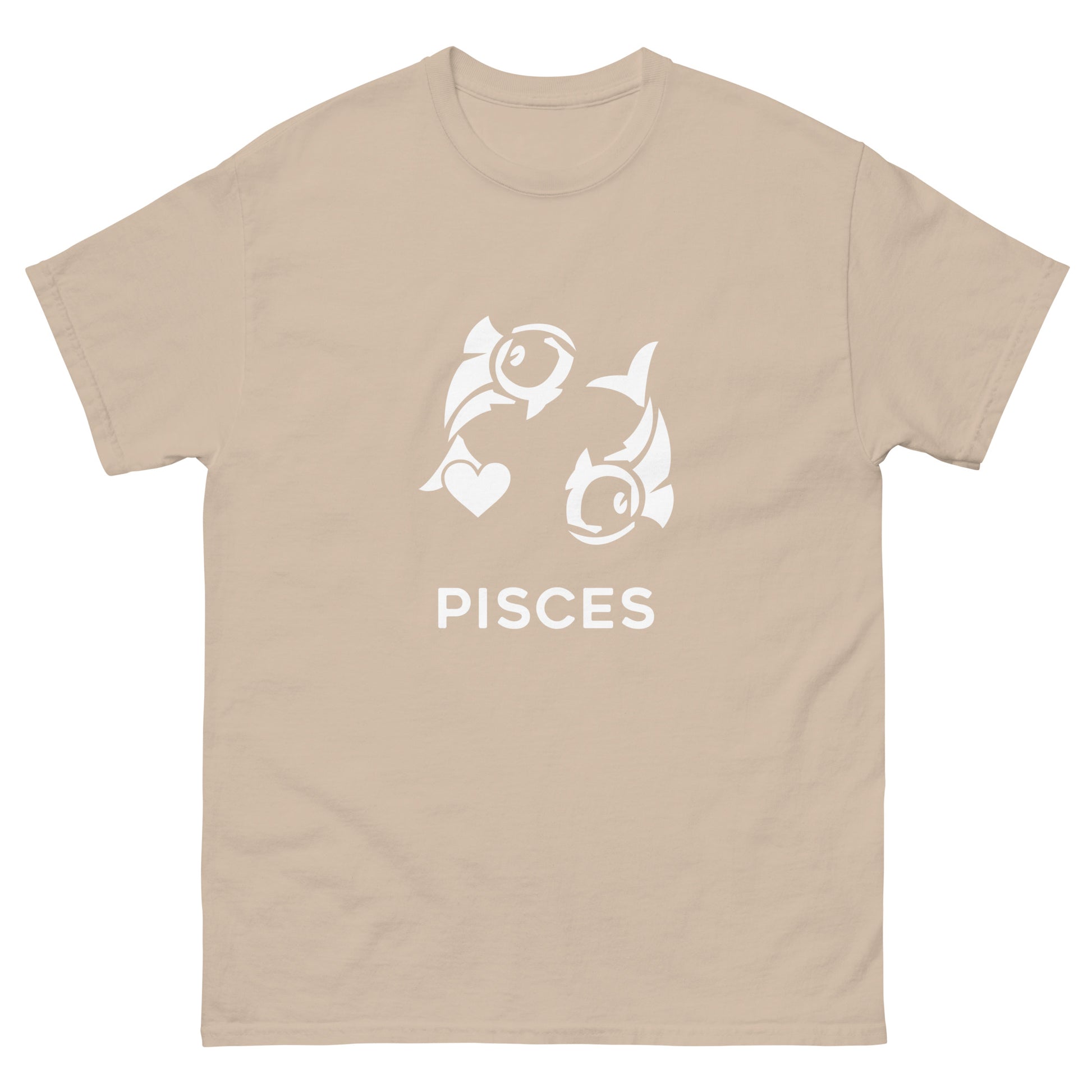 sand Pisces Zodiac Sign T-shirt from Yebber, featuring a minimalist fish symbol with a heart – statement clothing for astrology enthusiasts.