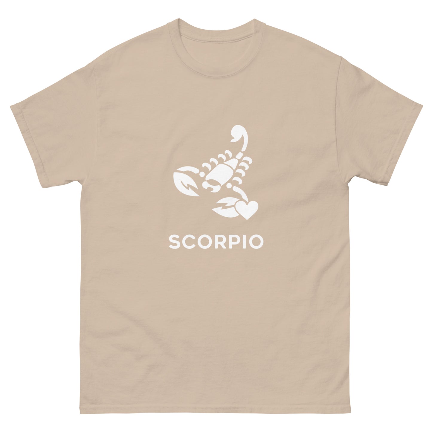 sand Scorpio Zodiac Sign T-shirt from Yebber, featuring a minimalist scorpion symbol with a heart – statement clothing for astrology enthusiasts.