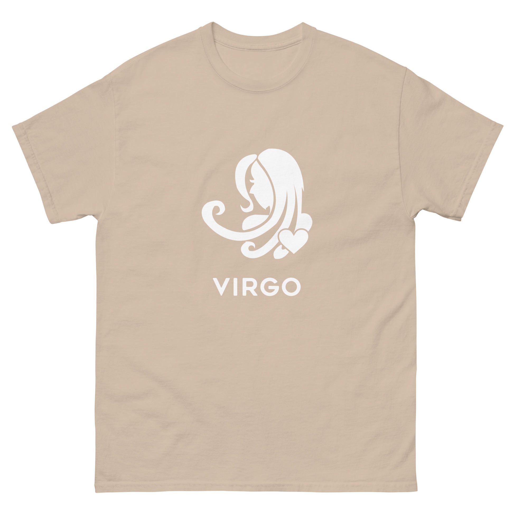 Sand Virgo Zodiac Sign T-shirt from Yebber, featuring a minimalist Virgo symbol with a heart – statement clothing for astrology enthusiasts.