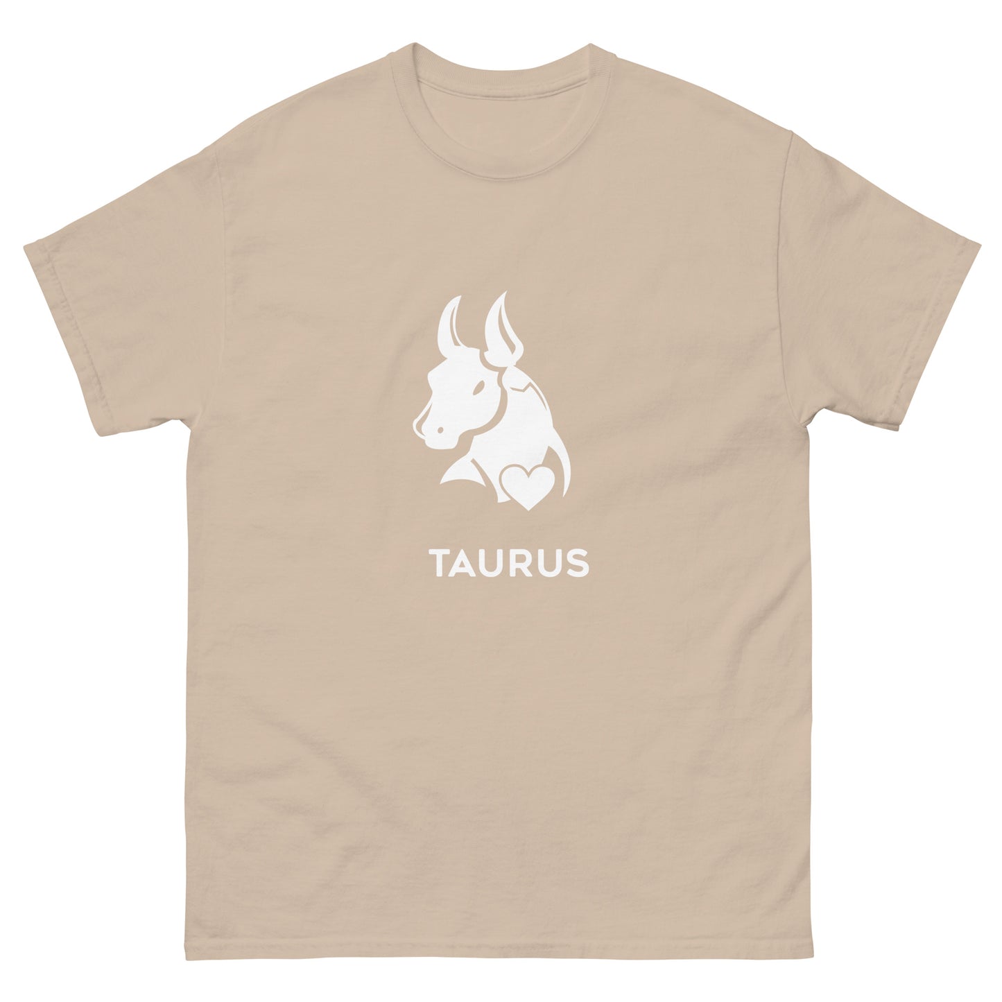 Sand Taurus Zodiac Sign T-shirt from Yebber, featuring a minimalist bull symbol in a heart – statement clothing for astrology enthusiasts.