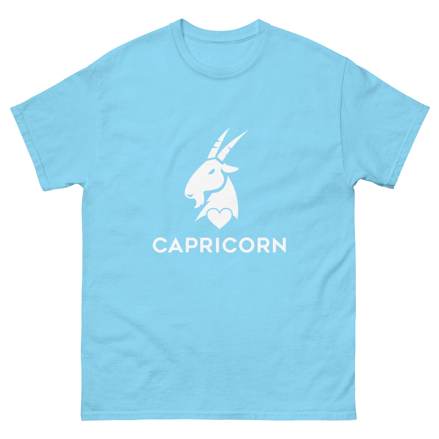 sky Capricorn Zodiac Sign T-shirt from Yebber, featuring a minimalist goat symbol with a heart – statement clothing for astrology enthusiasts.