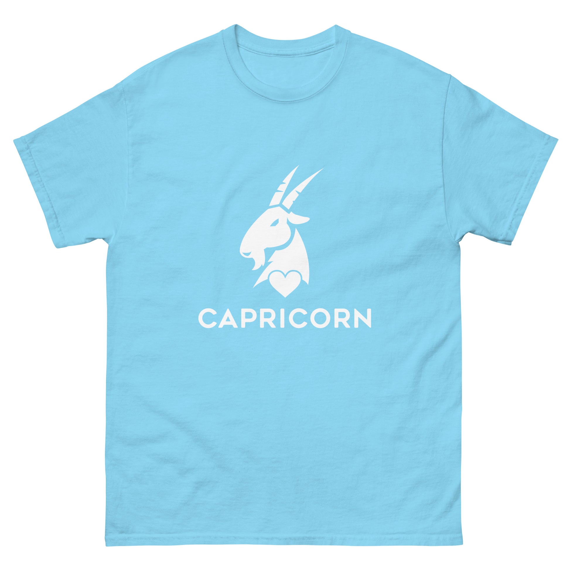 sky Capricorn Zodiac Sign T-shirt from Yebber, featuring a minimalist goat symbol with a heart – statement clothing for astrology enthusiasts.